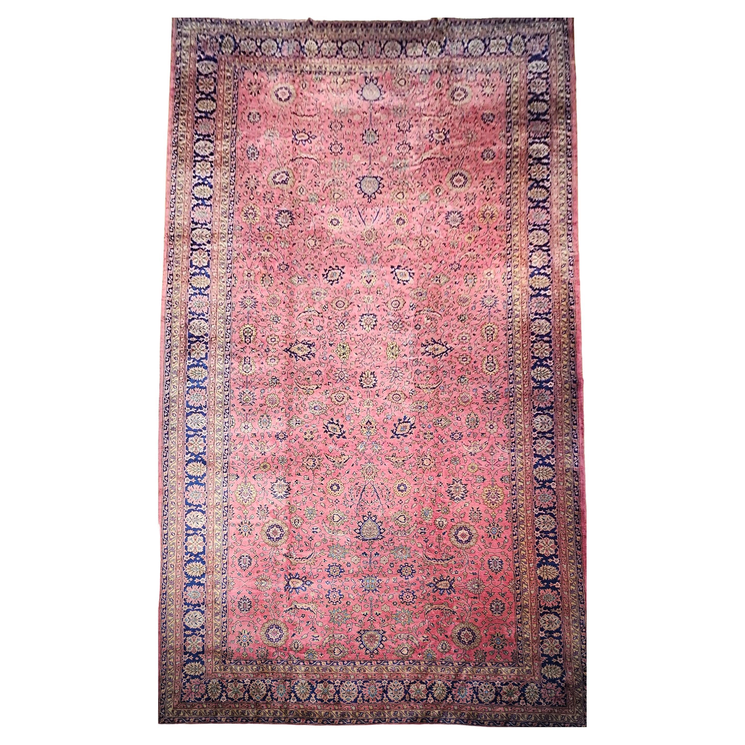 Vintage Oversize Turkish Rug in Allover Geometric Pattern in Pale Pink, Navy For Sale