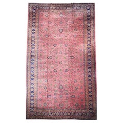 Alfombra Tabriz Vintage de Gran Tamaño con Diseño Geométrico en Rojo y Azul Marino
