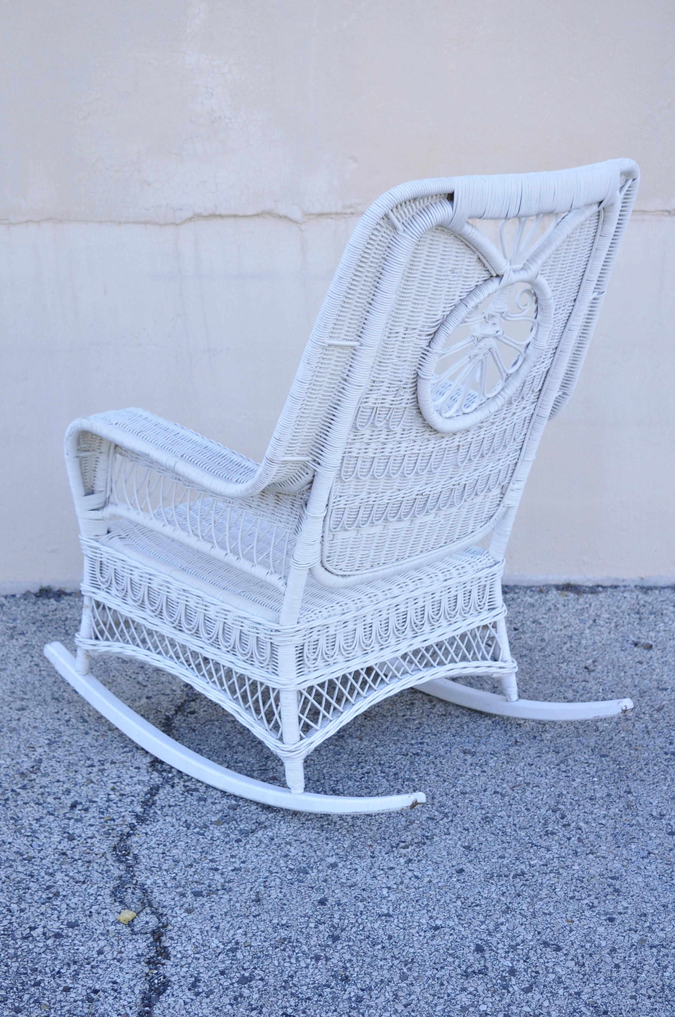 Vintage Oversize White Victorian Style Wicker Rattan Rocking Chair Lounge Chair 6