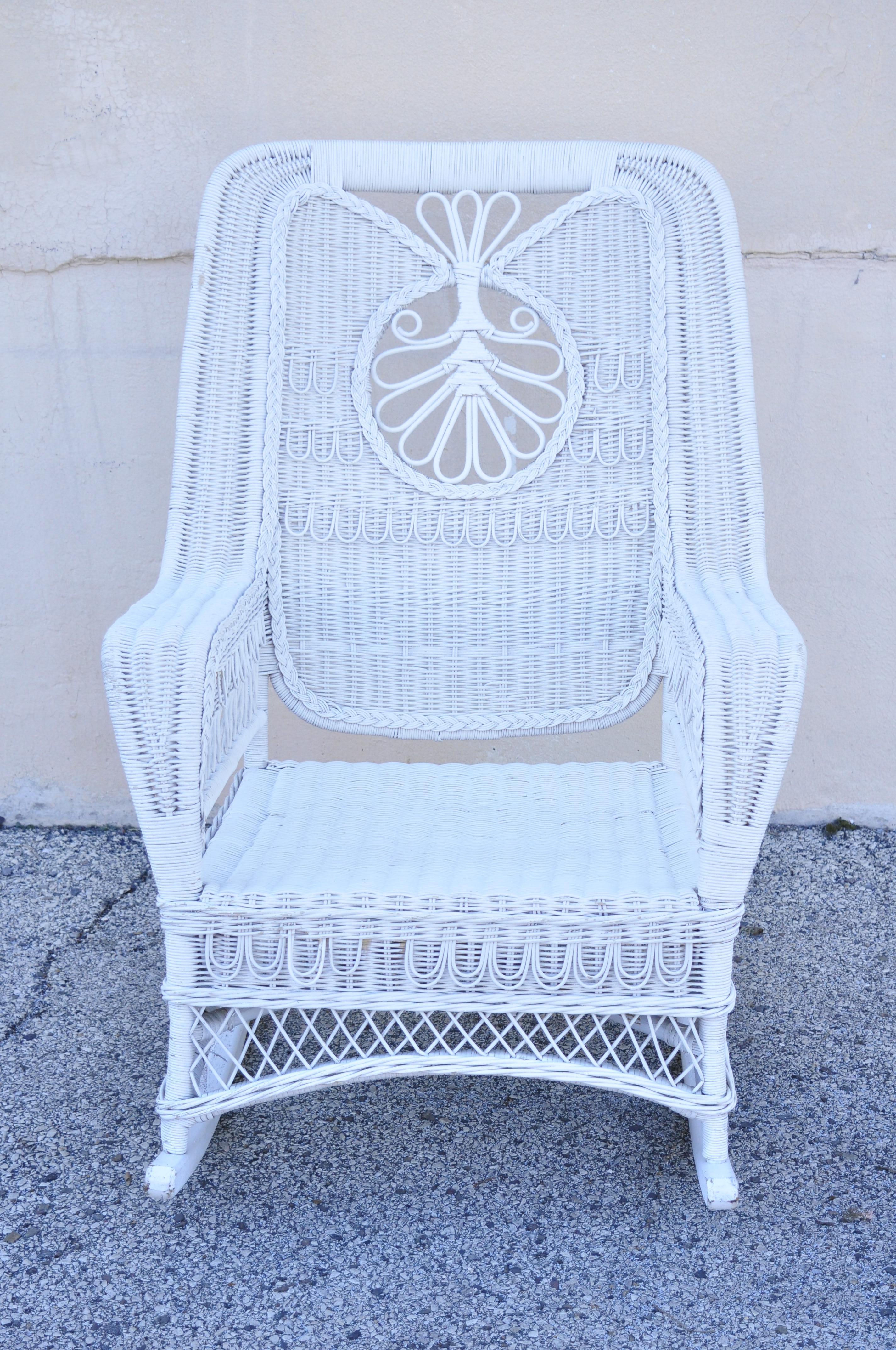 Vintage Oversize White Victorian Style Wicker Rattan Rocking Chair Lounge Chair 7