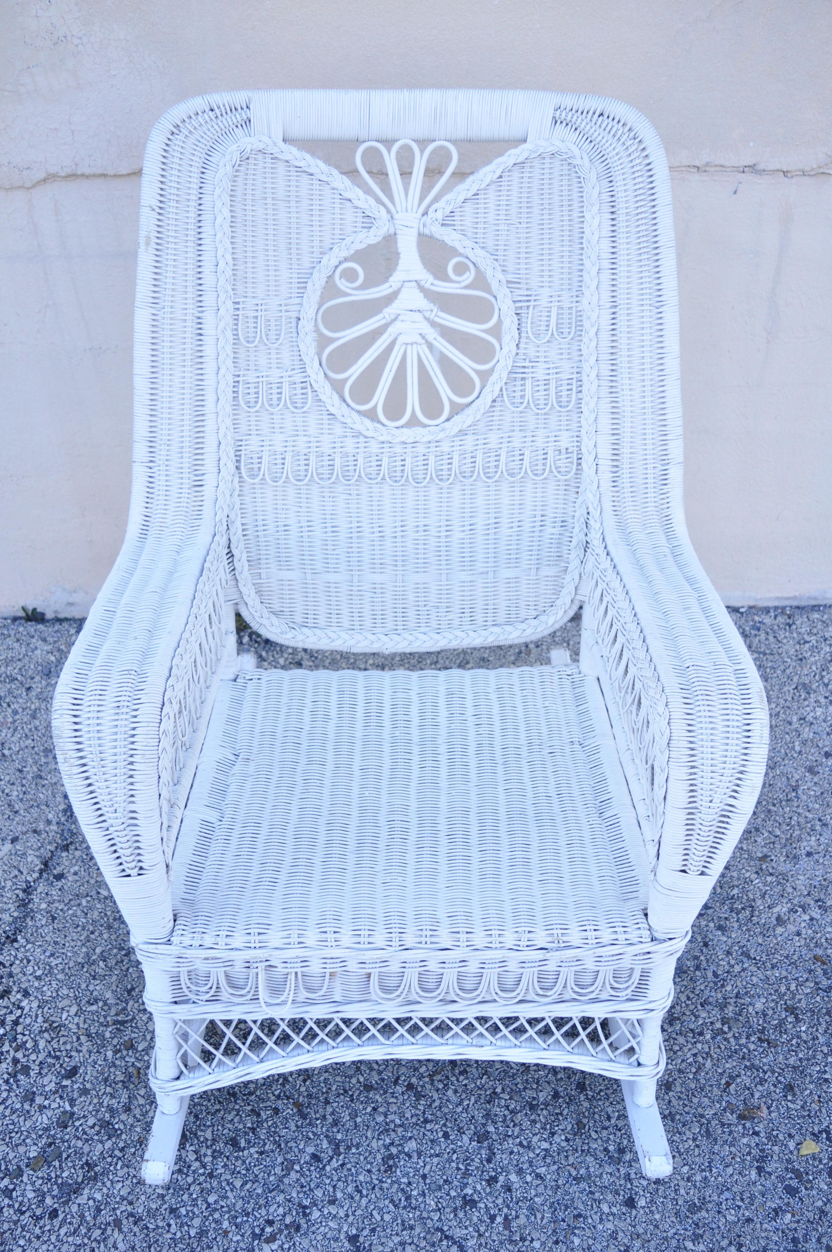 American Vintage Oversize White Victorian Style Wicker Rattan Rocking Chair Lounge Chair