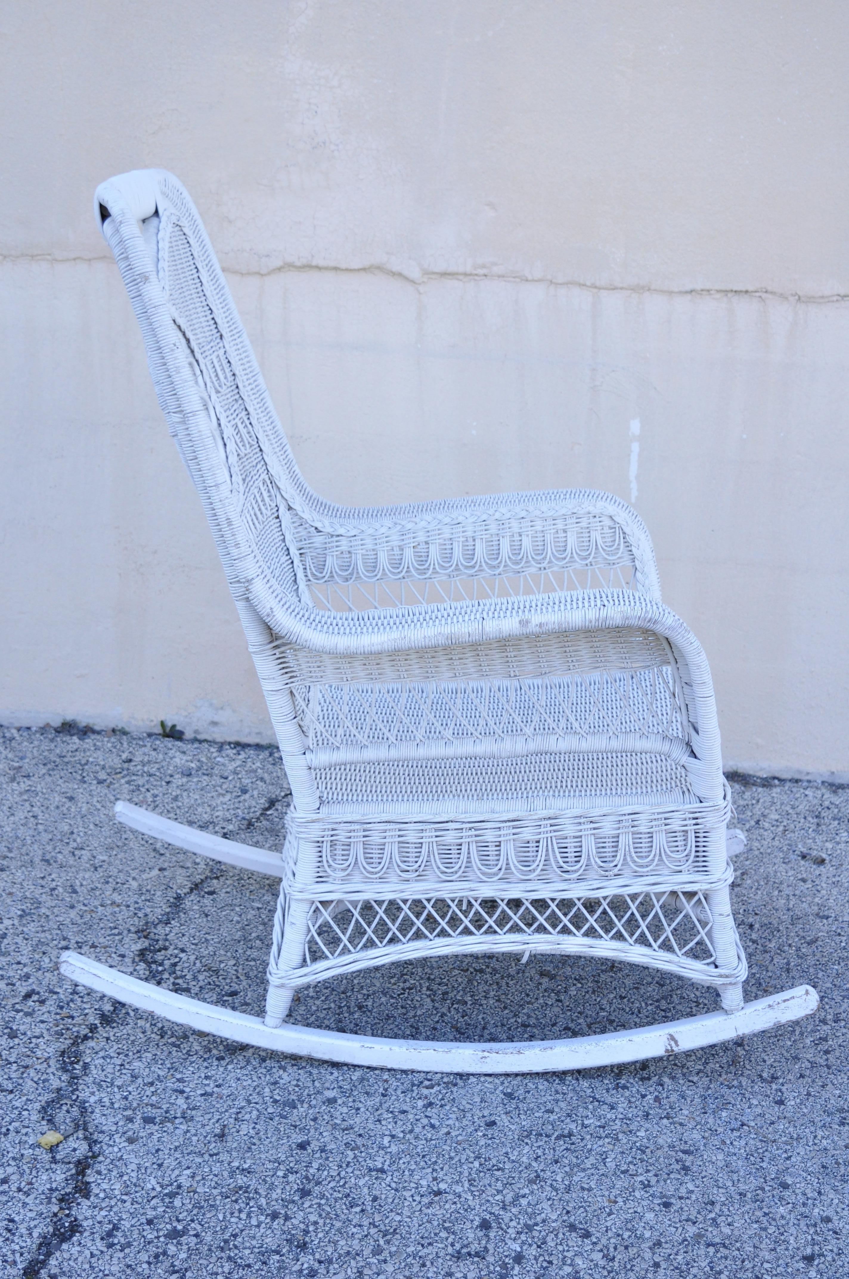 Vintage Oversize White Victorian Style Wicker Rattan Rocking Chair Lounge Chair 1