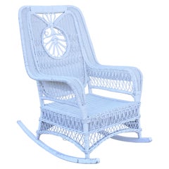 Vintage Oversize White Victorian Style Wicker Rattan Rocking Chair Lounge Chair