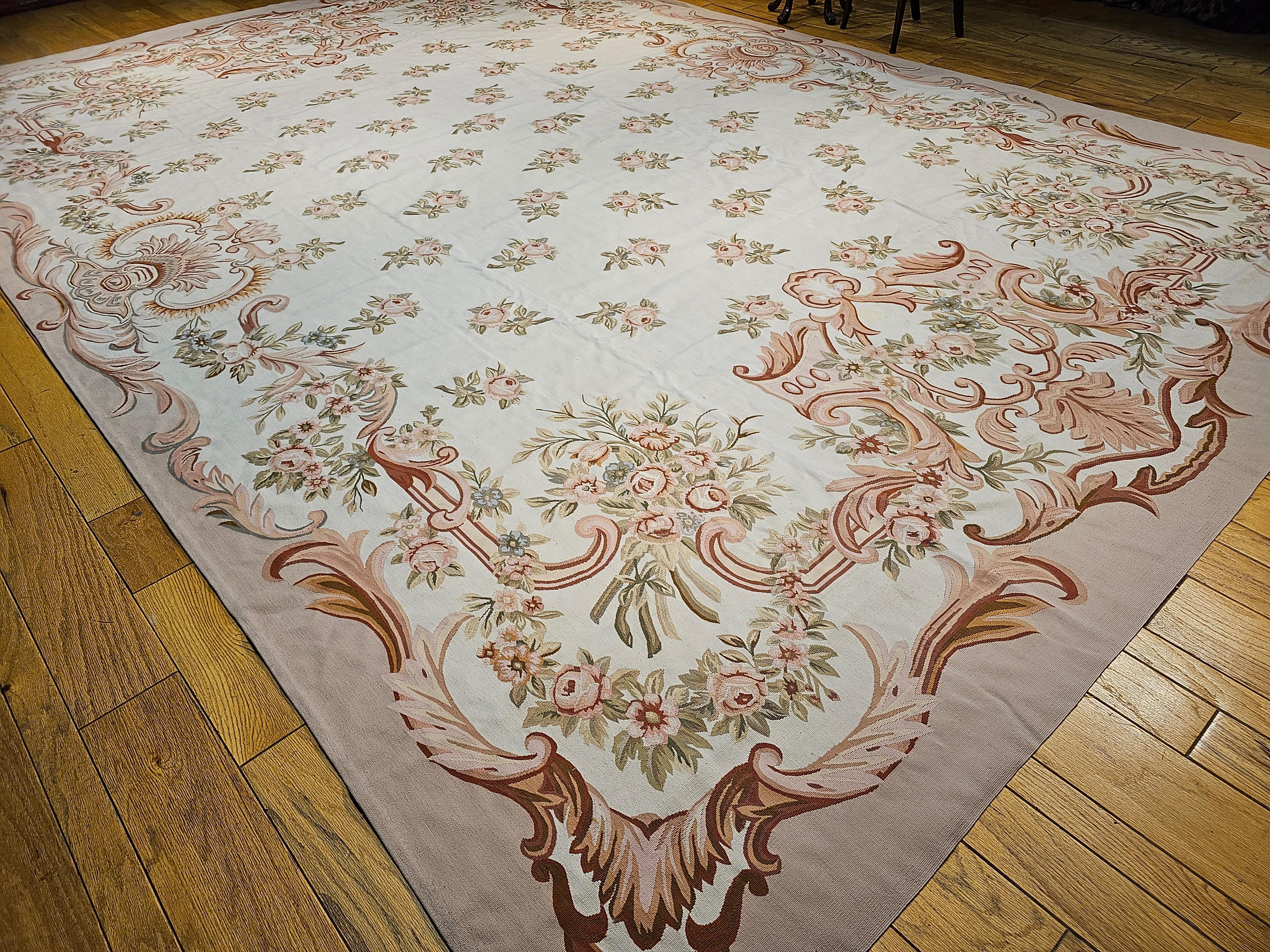 Vintage Oversized Aubusson Design Carpet in Light Taupe, Sage, Pale Blue, Pink For Sale 3
