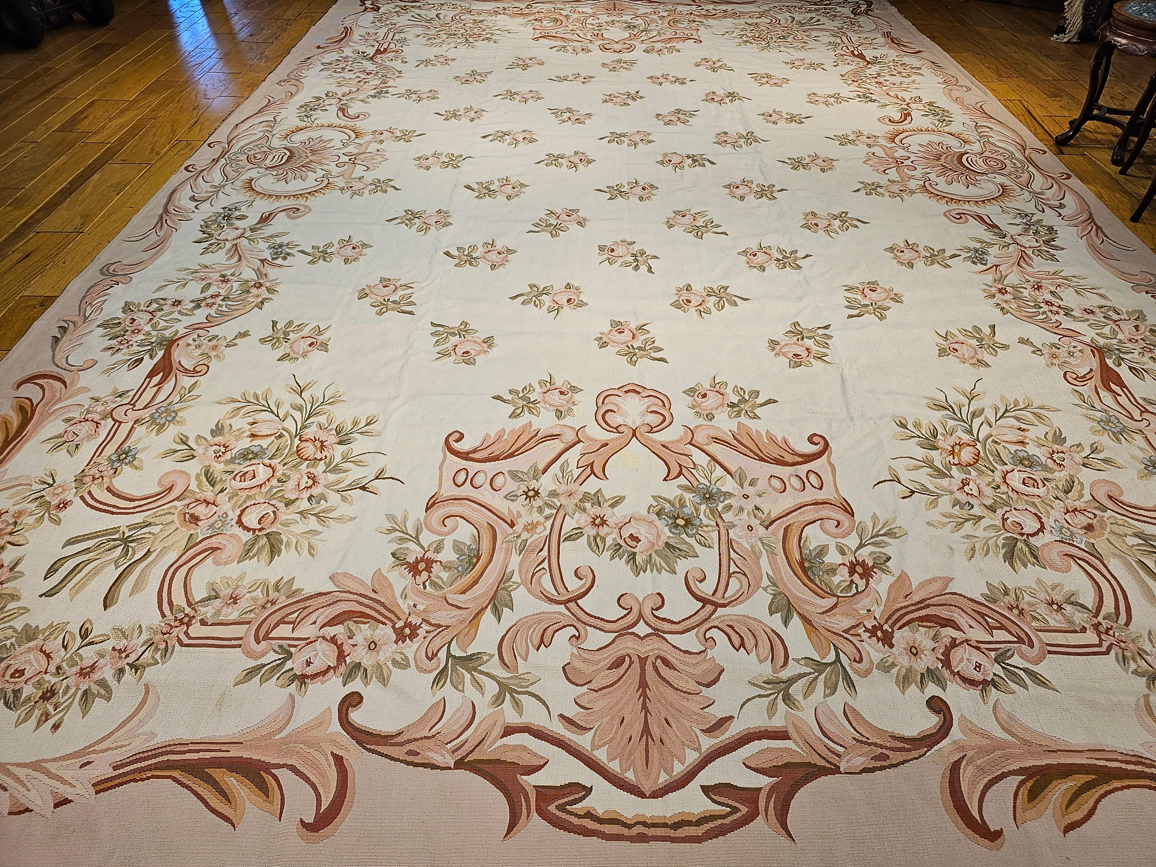 Vintage Oversized Aubusson Design Carpet in Light Taupe, Sage, Pale Blue, Pink For Sale 4