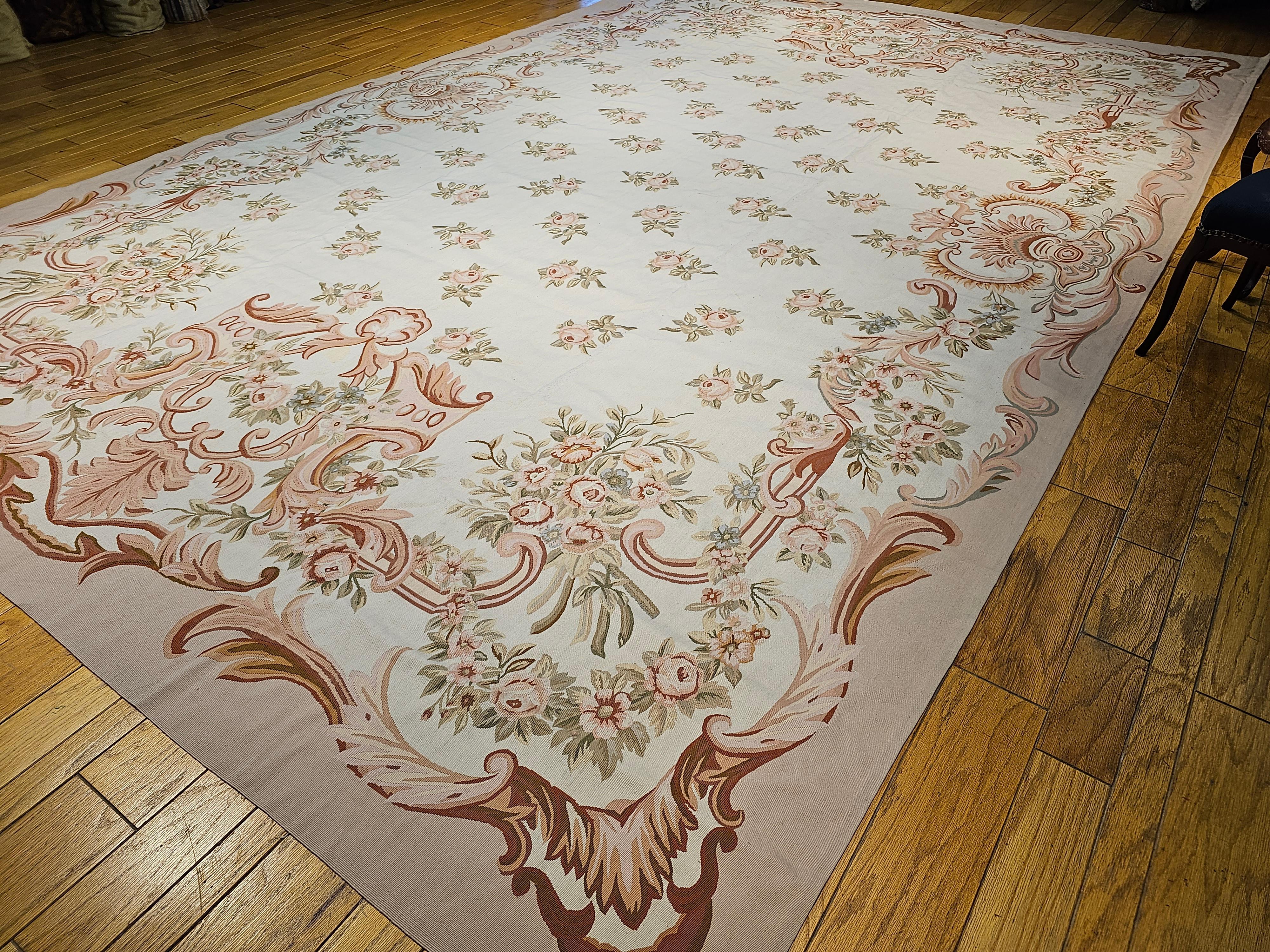 Vintage Oversized Aubusson Design Carpet in Light Taupe, Sage, Pale Blue, Pink For Sale 5