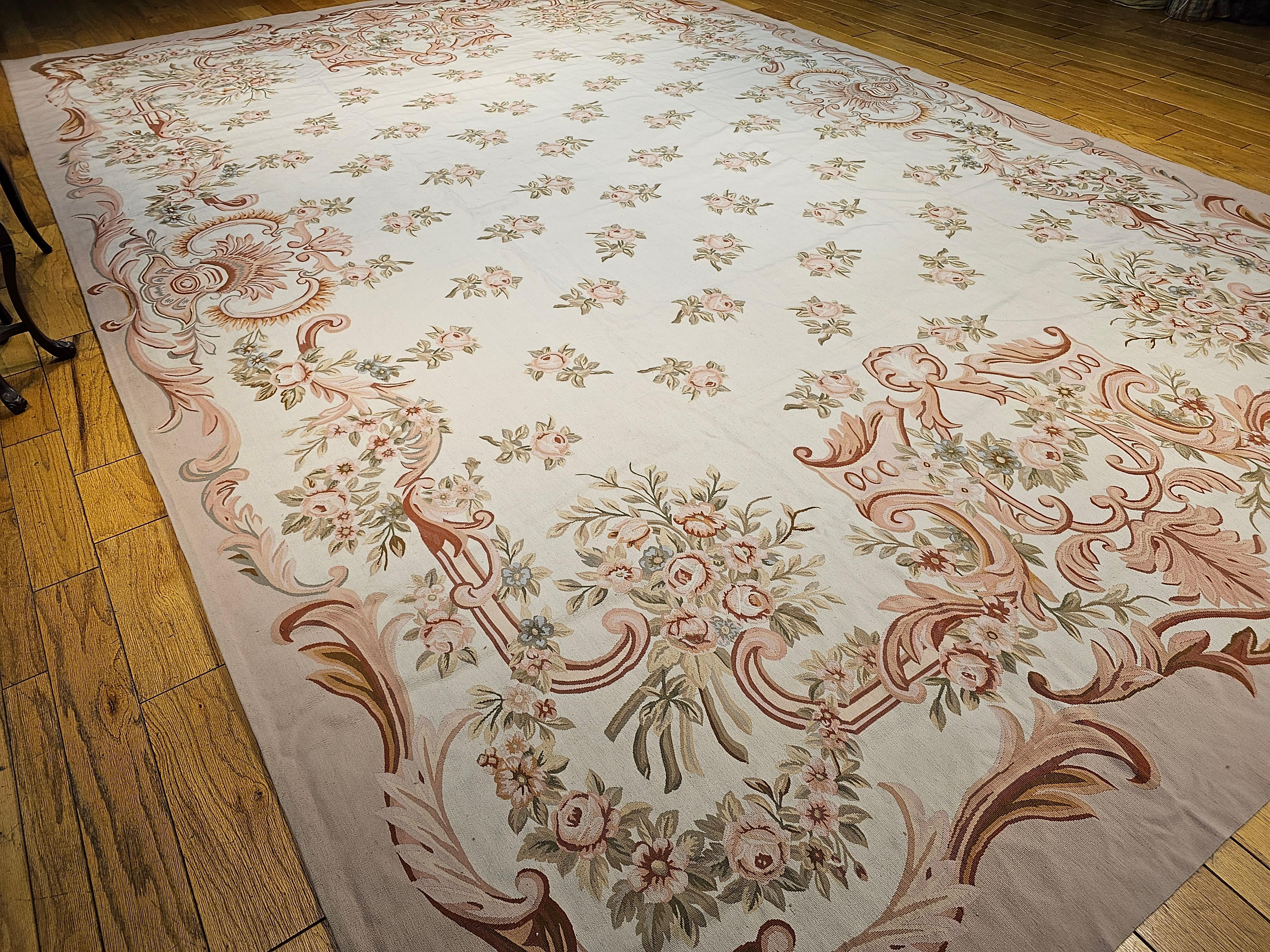 Vintage Oversized Aubusson Design Carpet in Light Taupe, Sage, Pale Blue, Pink For Sale 6