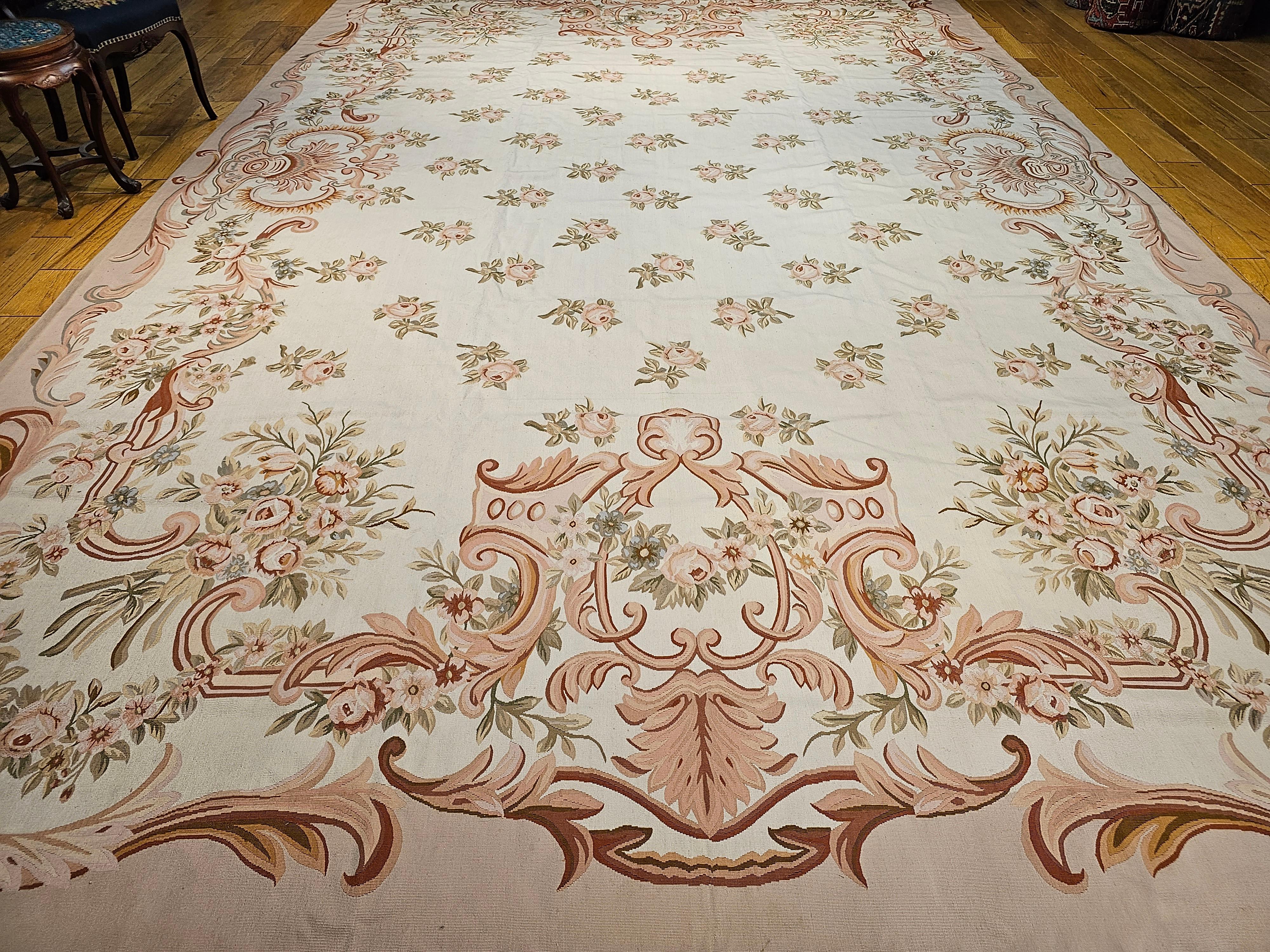 Vintage Oversized Aubusson Design Carpet in Light Taupe, Sage, Pale Blue, Pink For Sale 7
