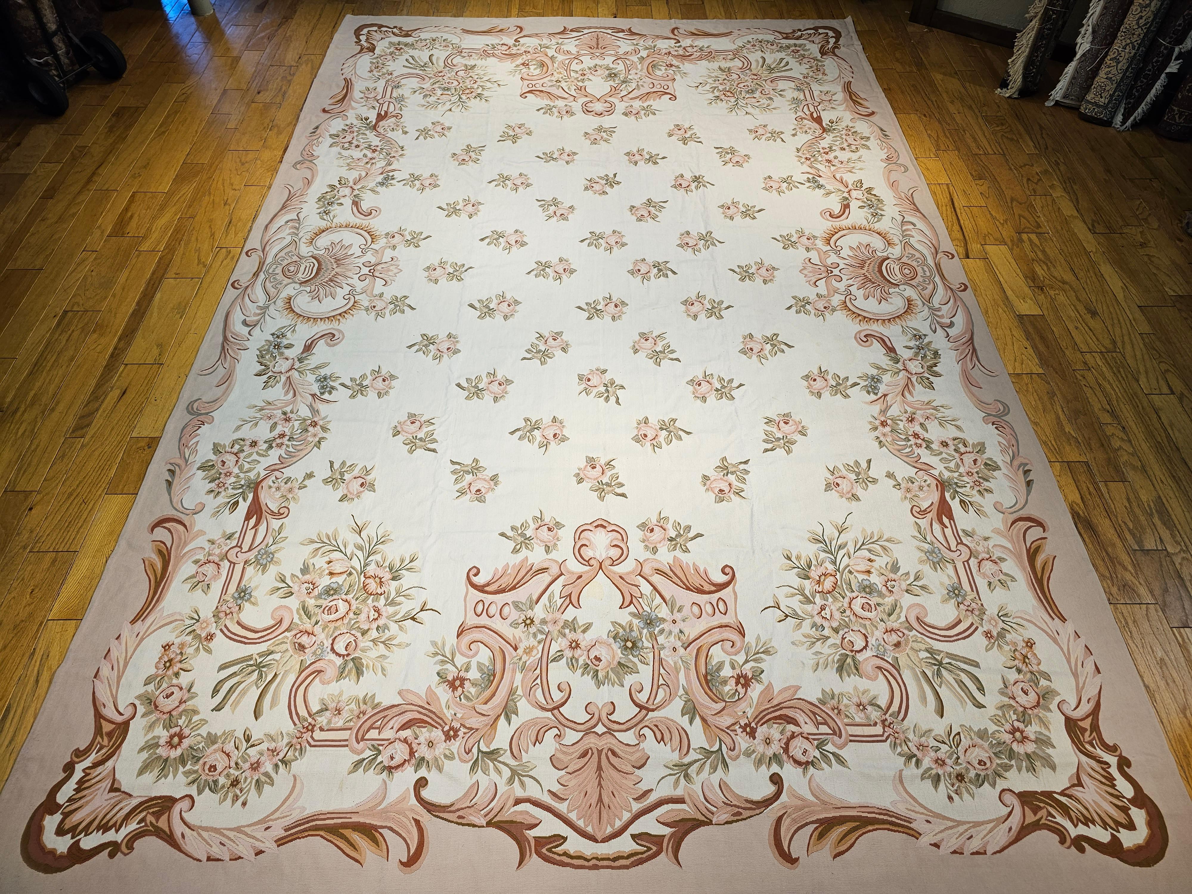 Vintage Oversized Aubusson Design Carpet in Light Taupe, Sage, Pale Blue, Pink For Sale 8