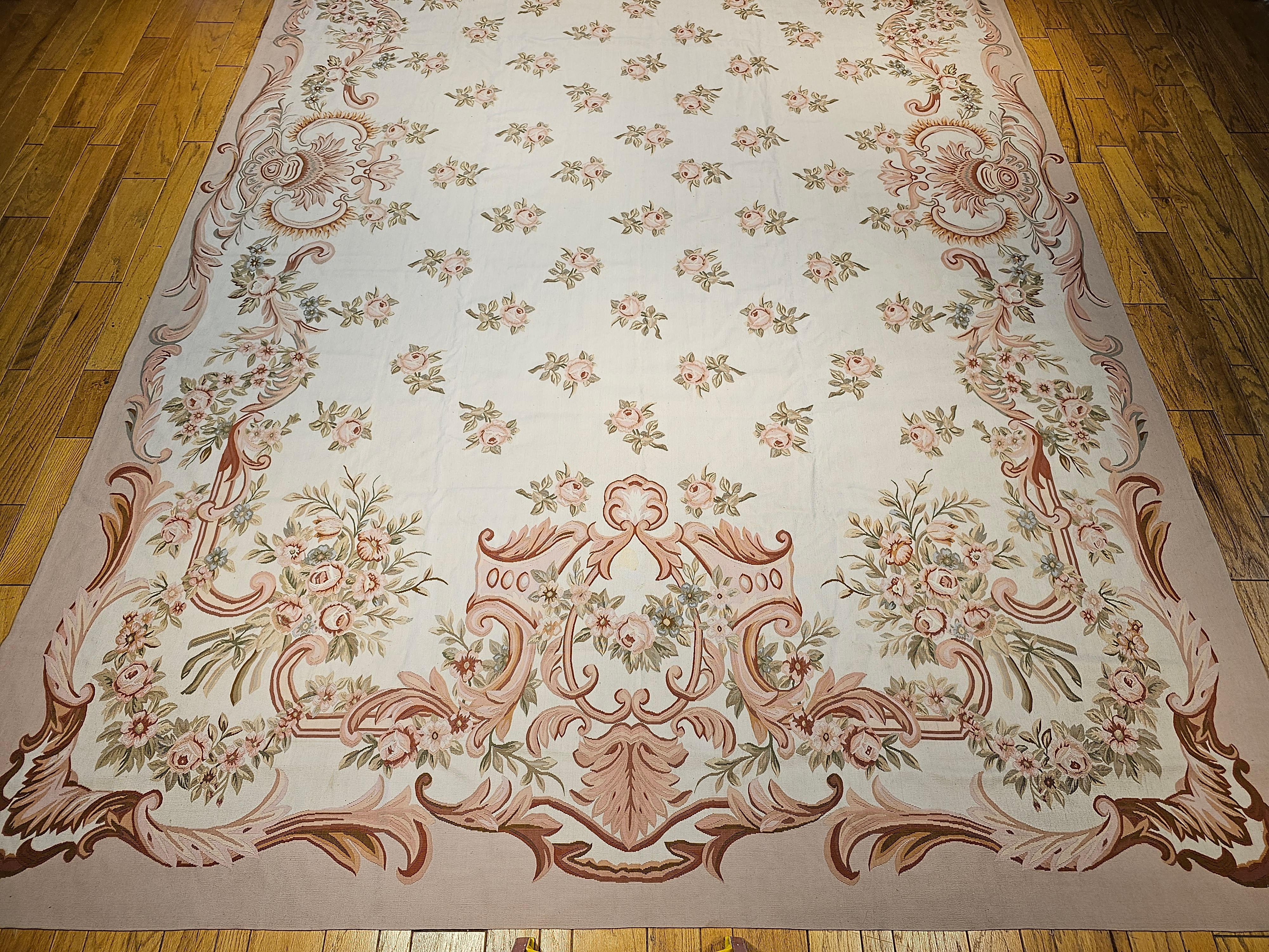 French Vintage Oversized Aubusson Design Carpet in Light Taupe, Sage, Pale Blue, Pink For Sale