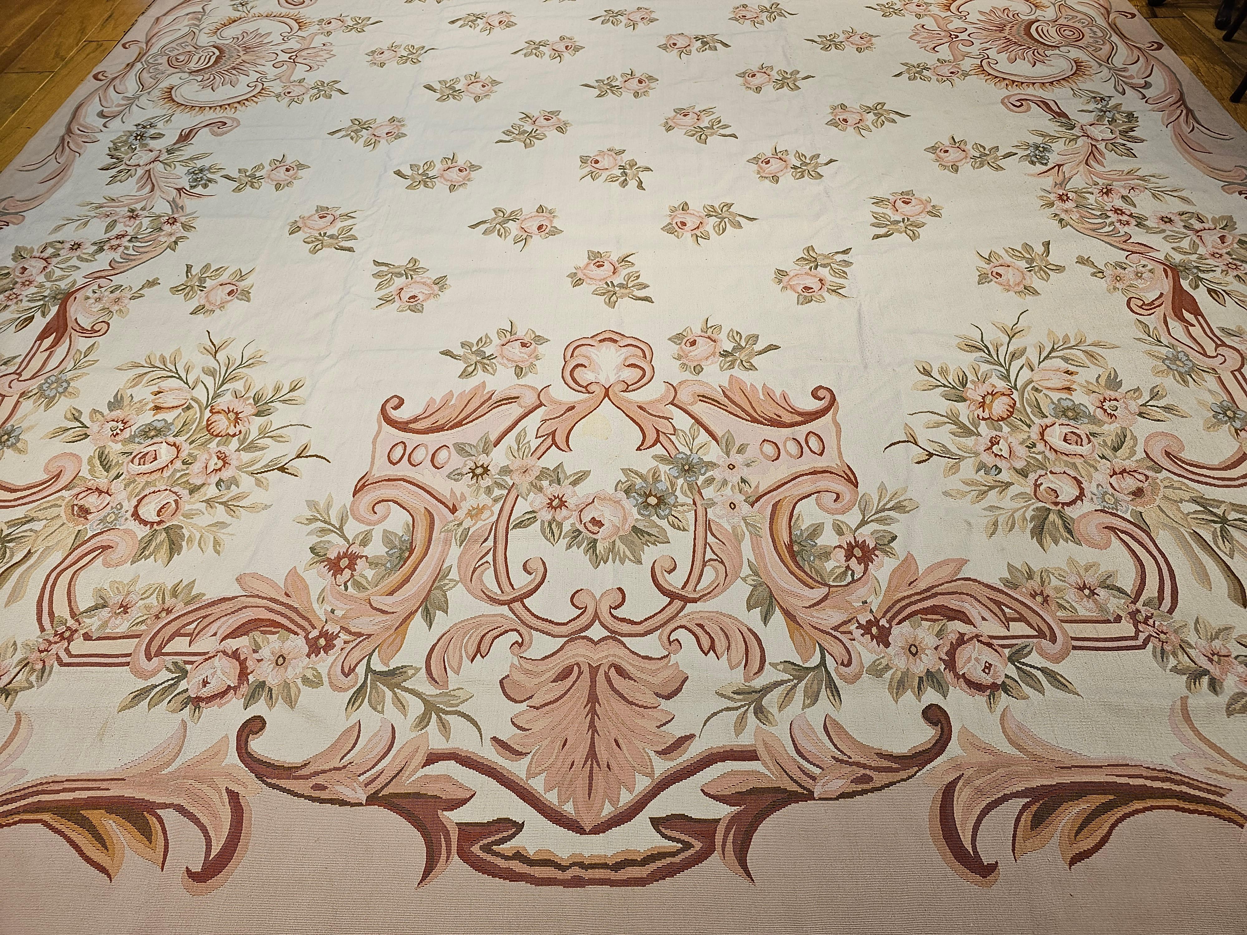 Hand-Woven Vintage Oversized Aubusson Design Carpet in Light Taupe, Sage, Pale Blue, Pink For Sale