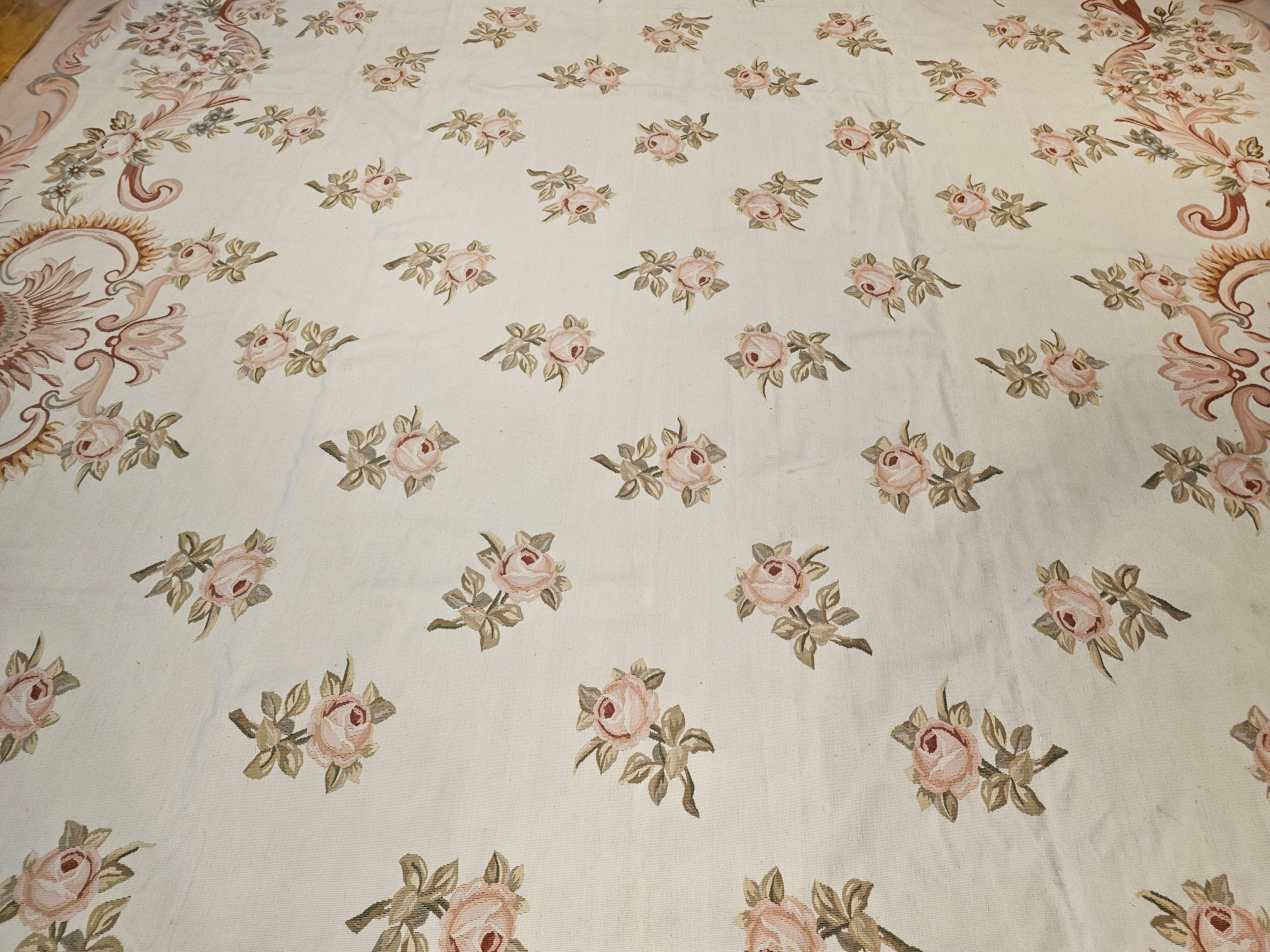 Vintage Oversized Aubusson Design Carpet in Light Taupe, Sage, Pale Blue, Pink In Good Condition For Sale In Barrington, IL
