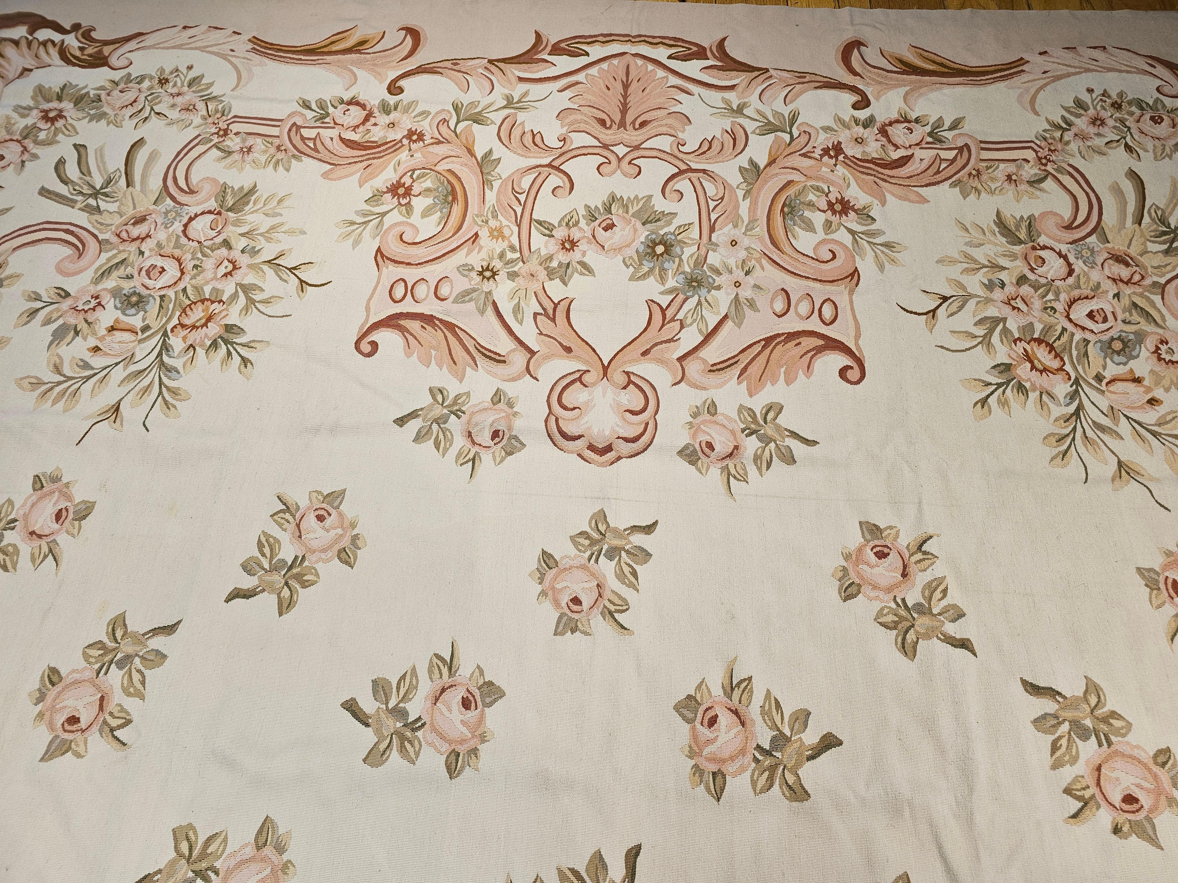 20th Century Vintage Oversized Aubusson Design Carpet in Light Taupe, Sage, Pale Blue, Pink For Sale