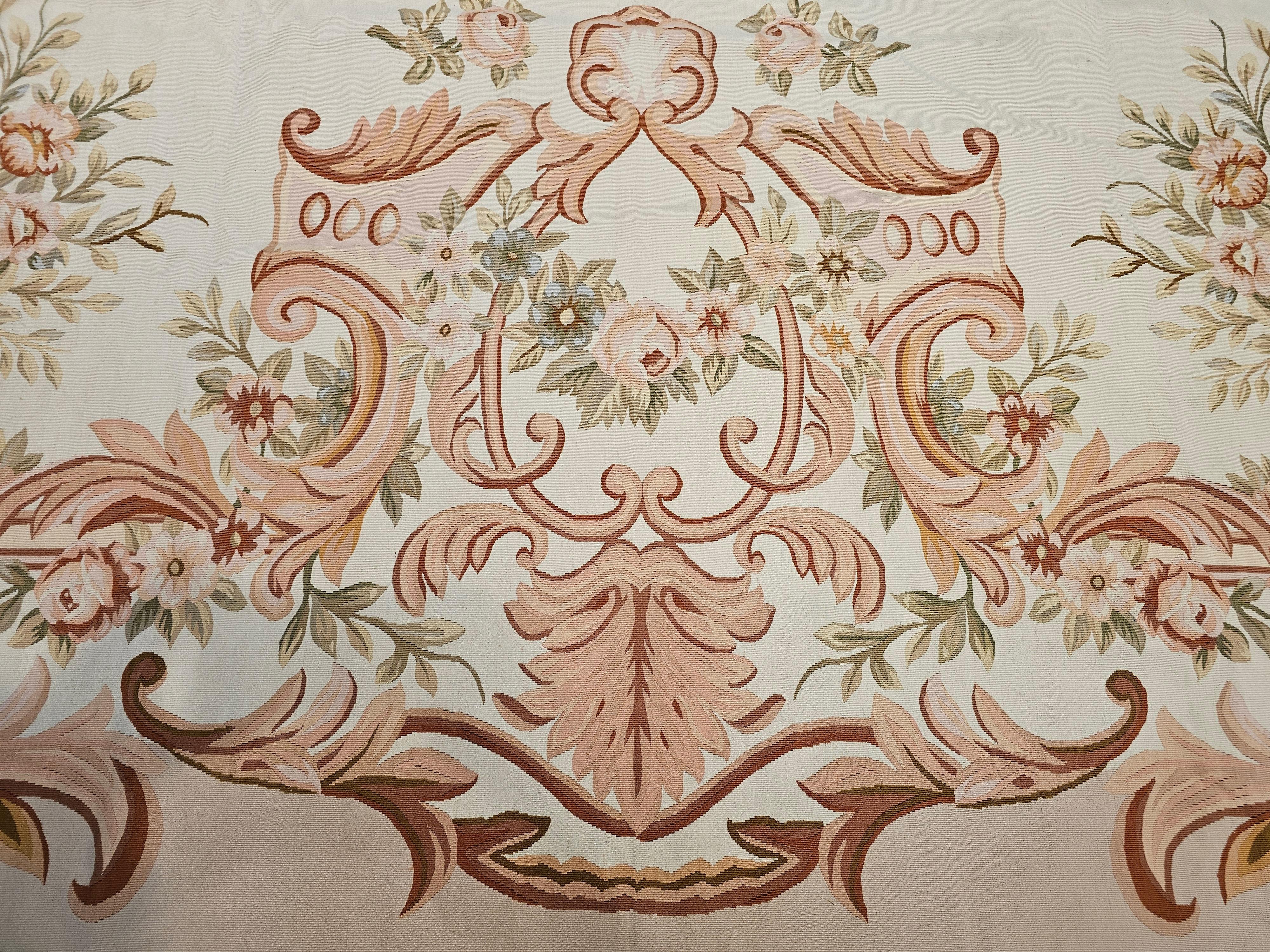Cotton Vintage Oversized Aubusson Design Carpet in Light Taupe, Sage, Pale Blue, Pink For Sale
