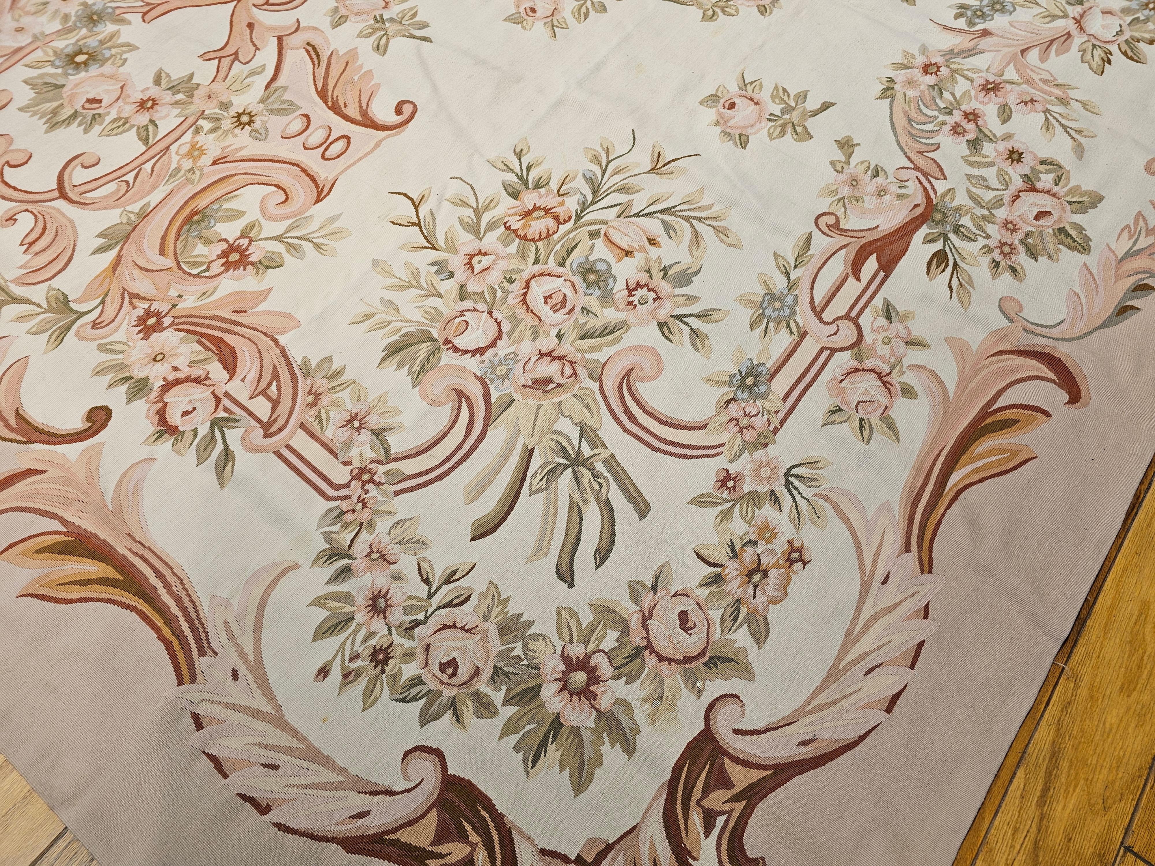 Vintage Oversized Aubusson Design Carpet in Light Taupe, Sage, Pale Blue, Pink For Sale 1