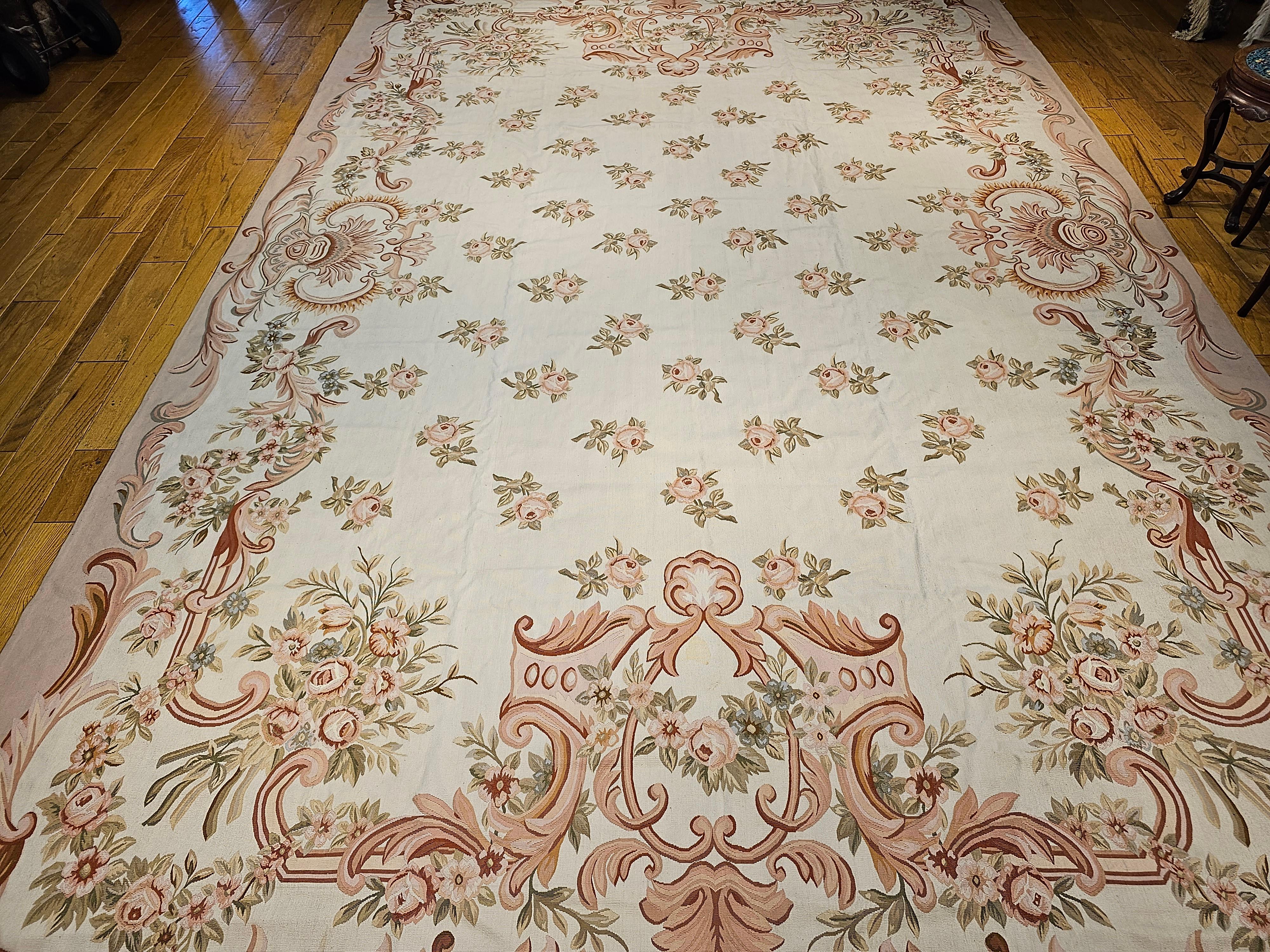 Vintage Oversized Aubusson Design Carpet in Light Taupe, Sage, Pale Blue, Pink For Sale 2