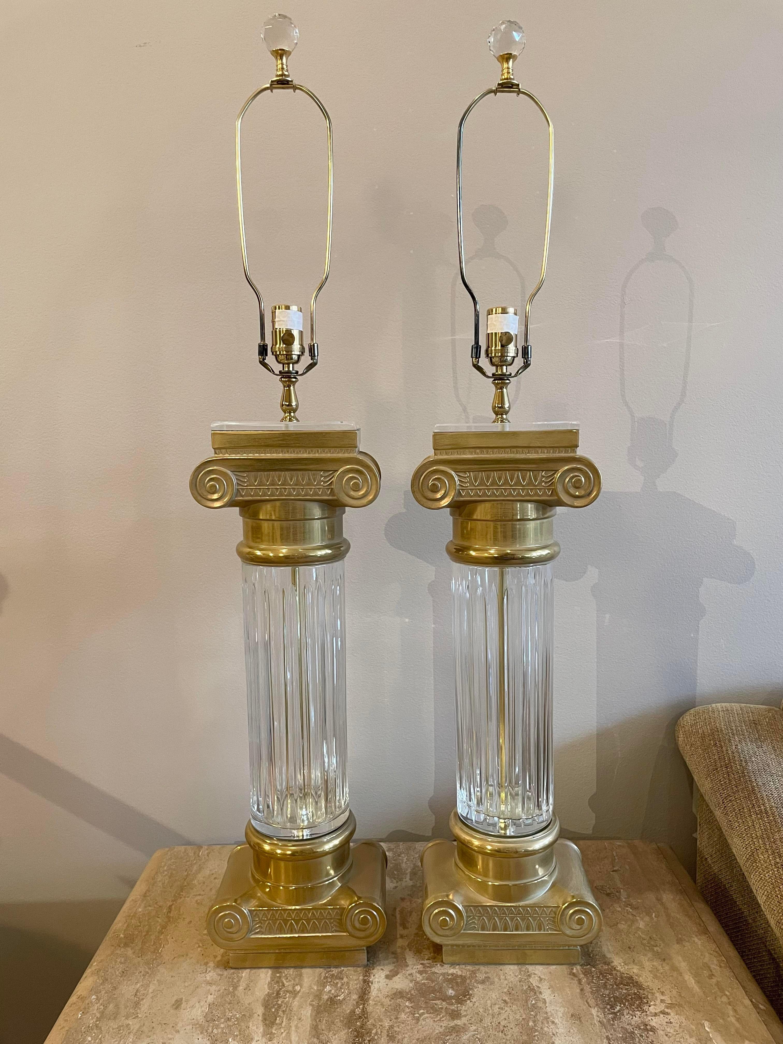 Vintage Oversized Brass and Crystal Lamps, a Pair For Sale 3