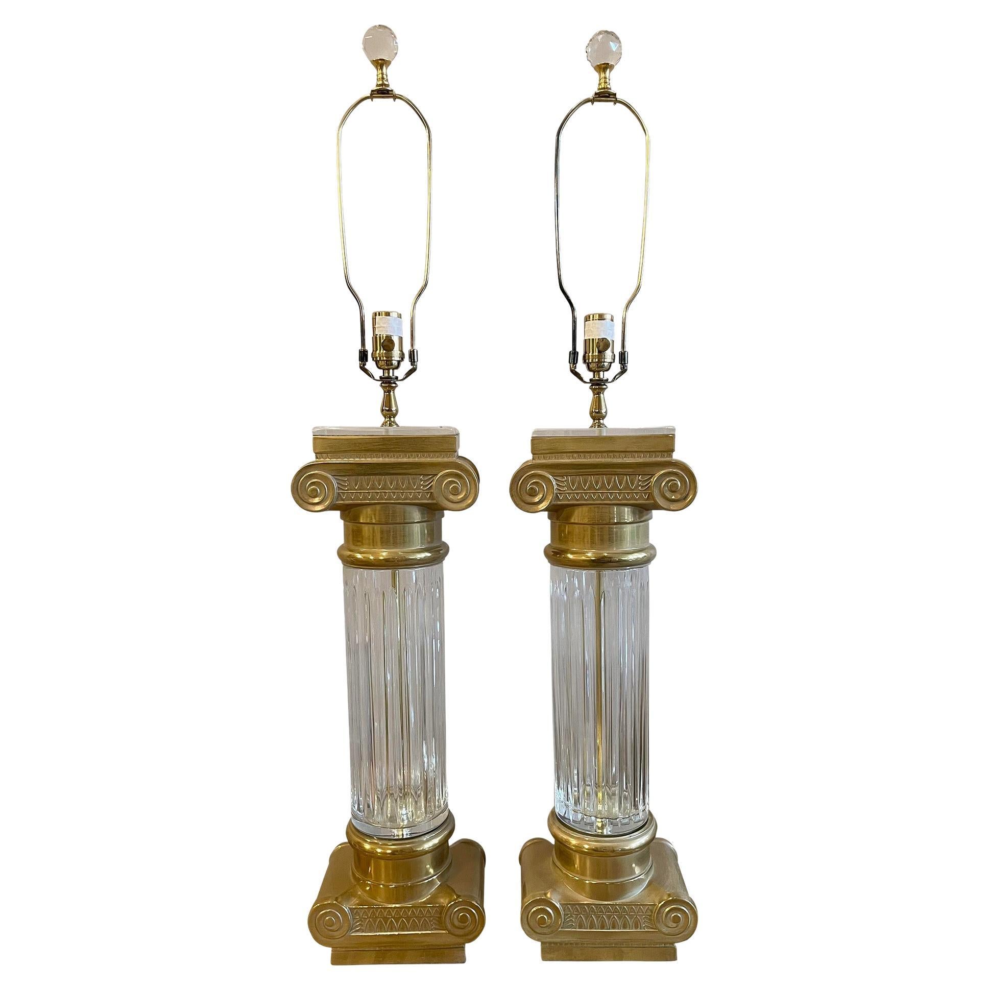 Vintage Oversized Brass and Crystal Lamps, a Pair For Sale