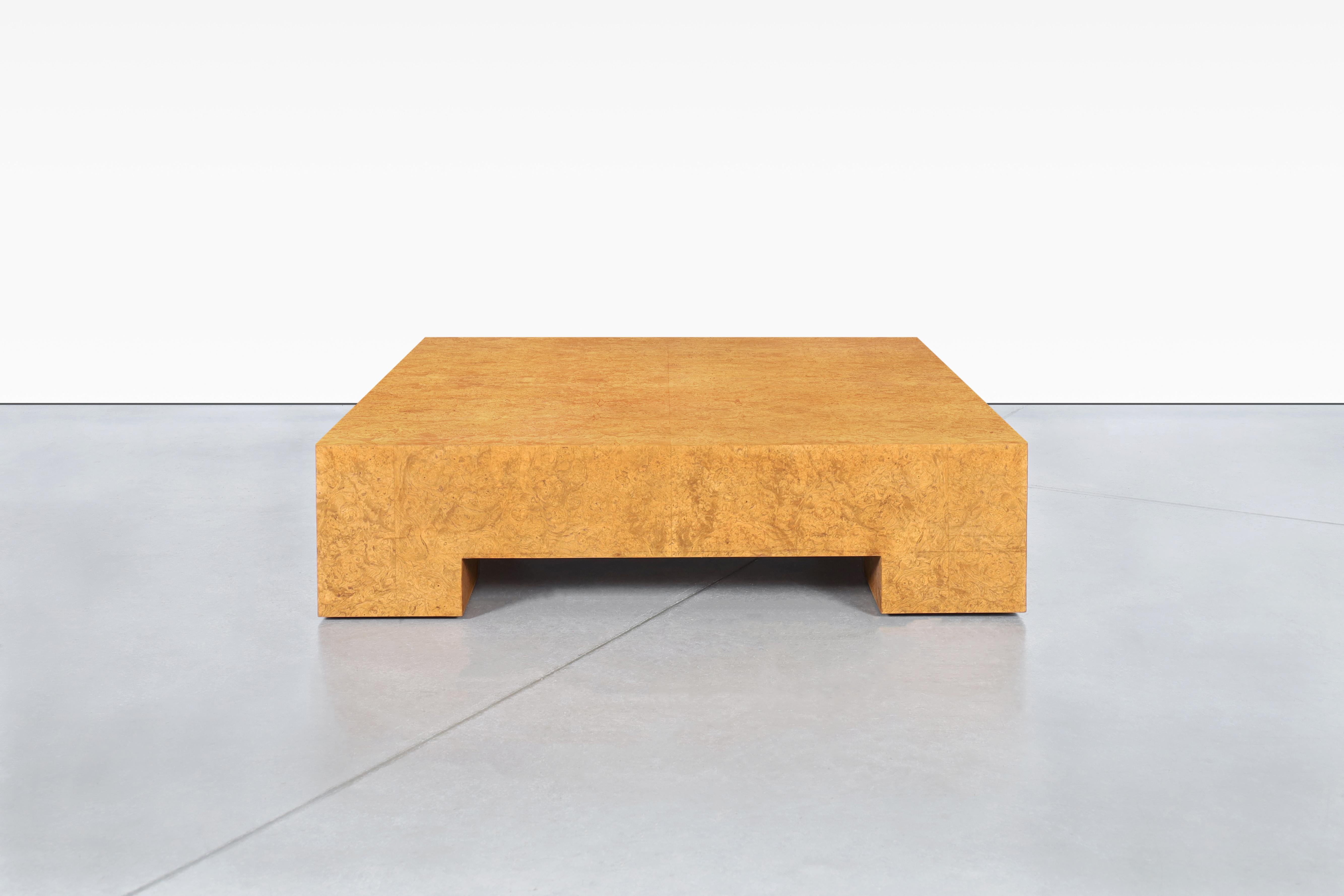 Exceptional vintage oversized burl wood coffee table by Milo Baughman for Thayer Coggin in the United States, circa 1970s. This table has a minimalist design where its large size and solid figure stand out. It has been built from the highest quality