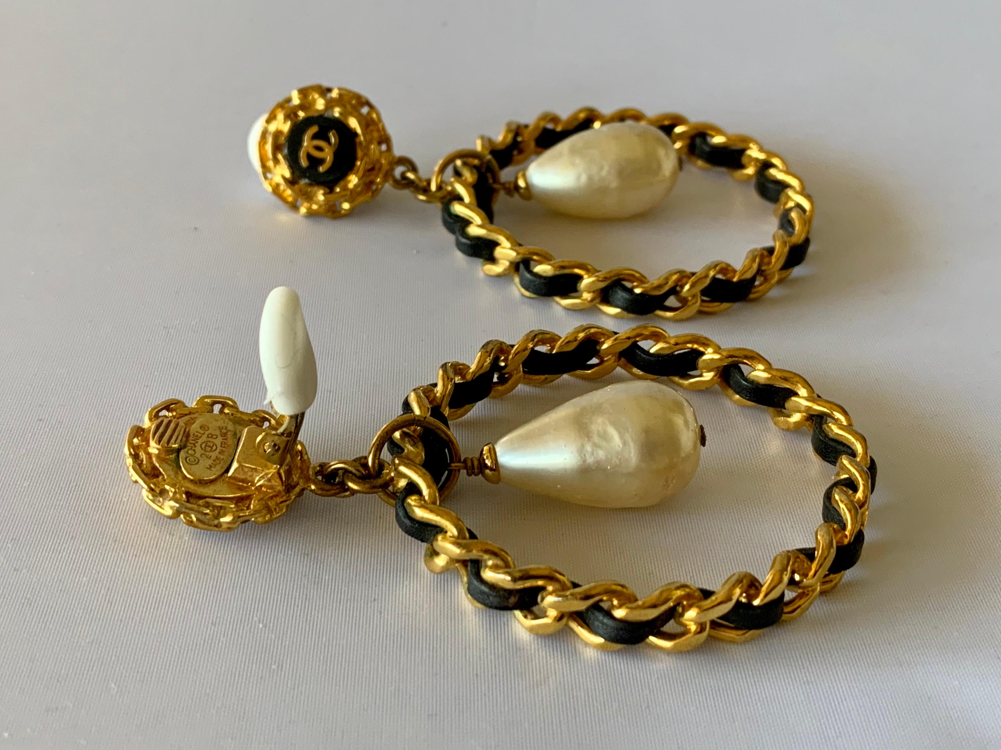 Bead Vintage Oversized Chanel Leather and Gold Pearl Hoop Statement Earrings 