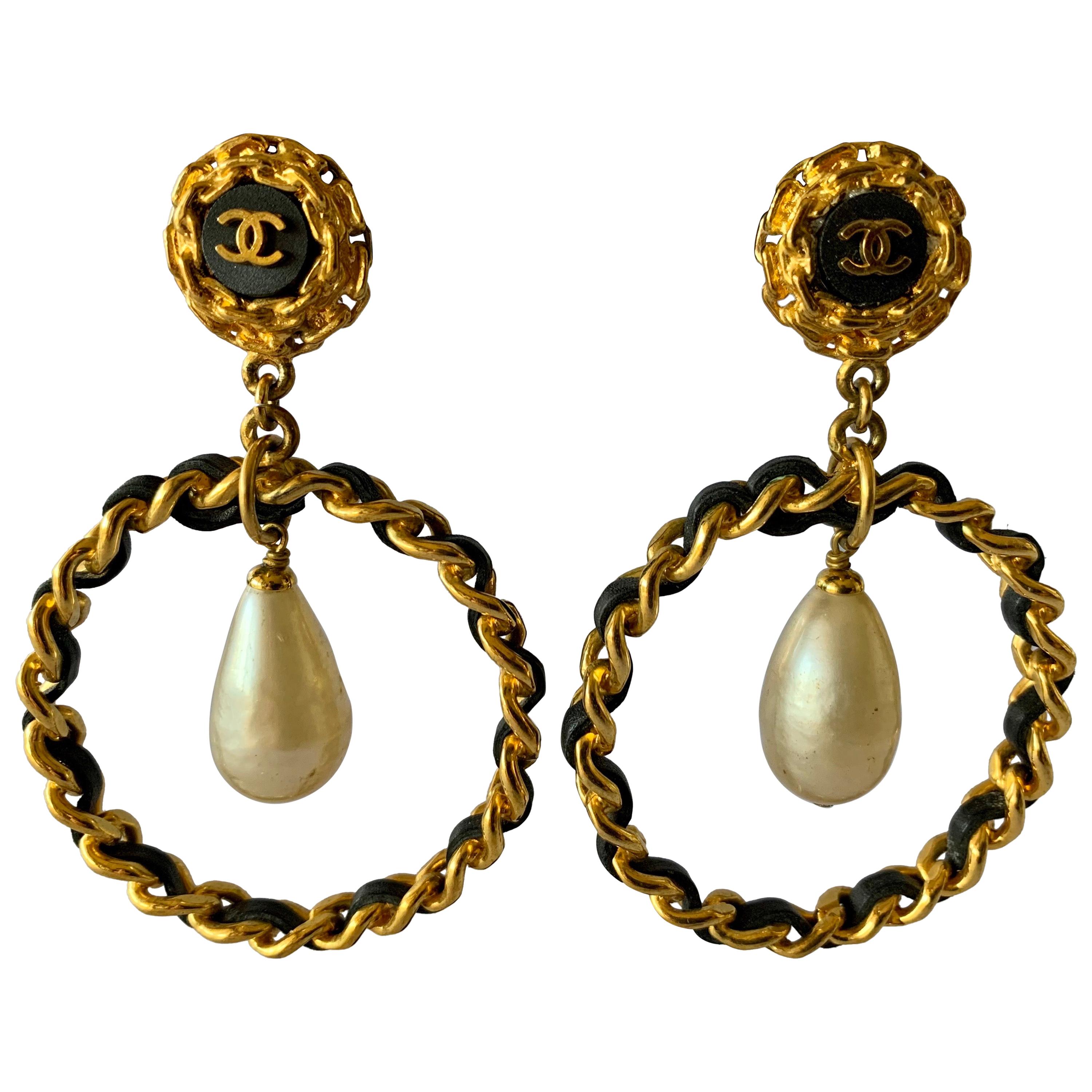 Vintage Oversized Chanel Leather and Gold Pearl Hoop Statement Earrings 