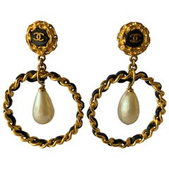 Vintage Oversized Chanel Leather and Gold Pearl Hoop Statement Earrings