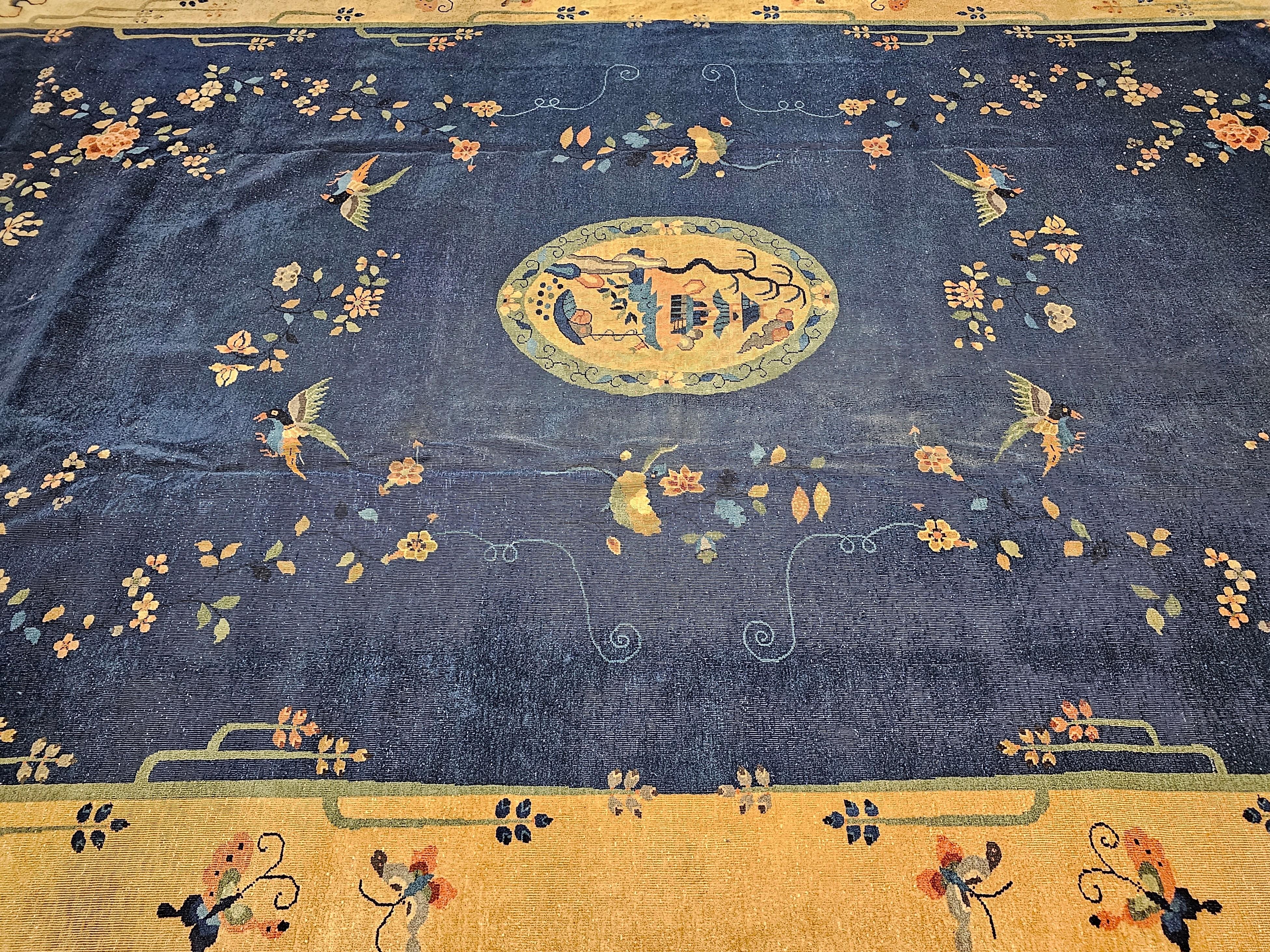 Oversized Art Deco Chinese Rug in French Blue & Tan with Pagoda and River Scenes For Sale 5