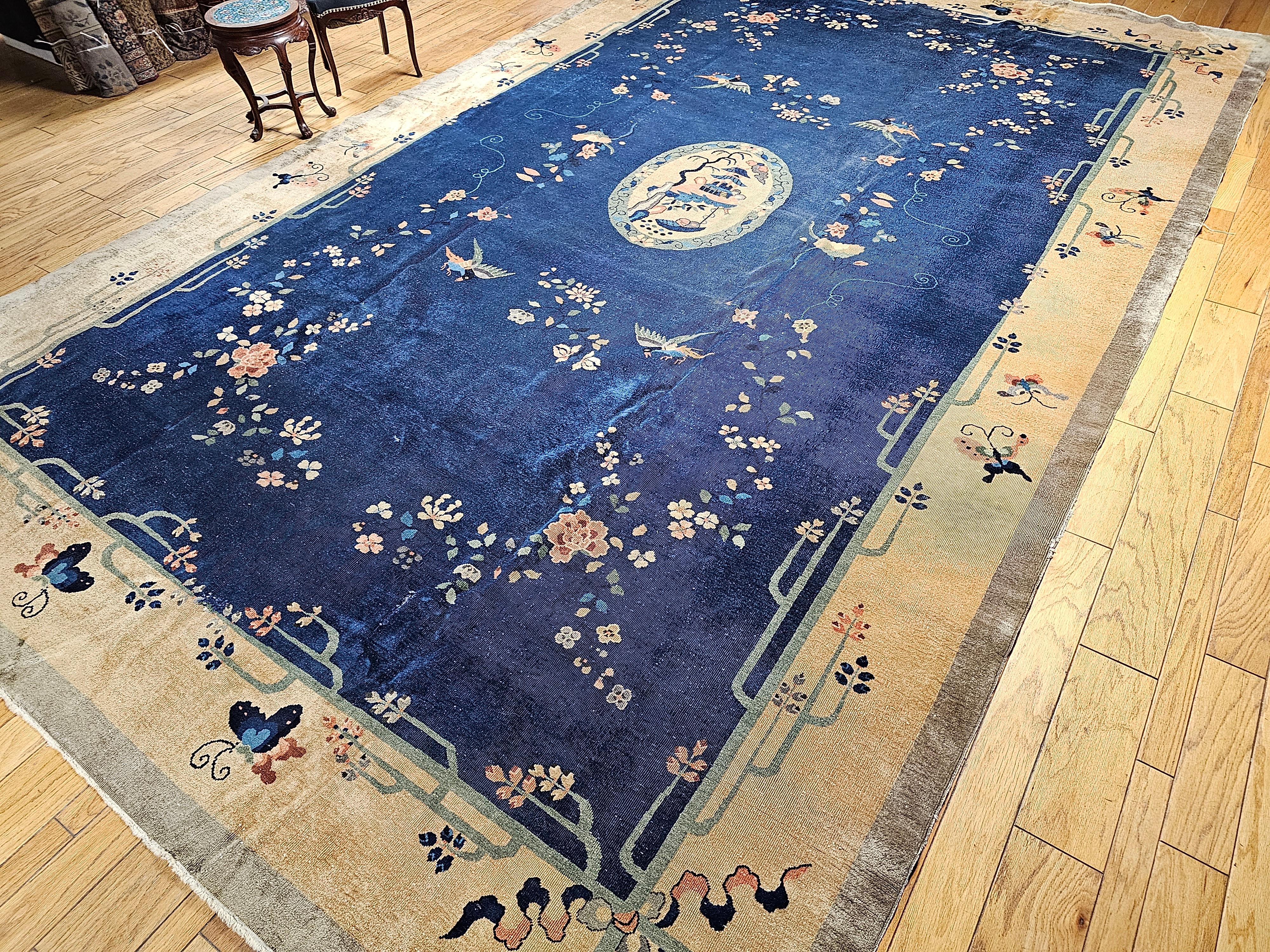 Vintage Oversized Chinese Art Deco with Pagoda, Birds Design in French Blue, Tan For Sale 8