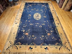Oversized Art Deco Chinese Rug in French Blue & Tan with Pagoda and River Scenes
