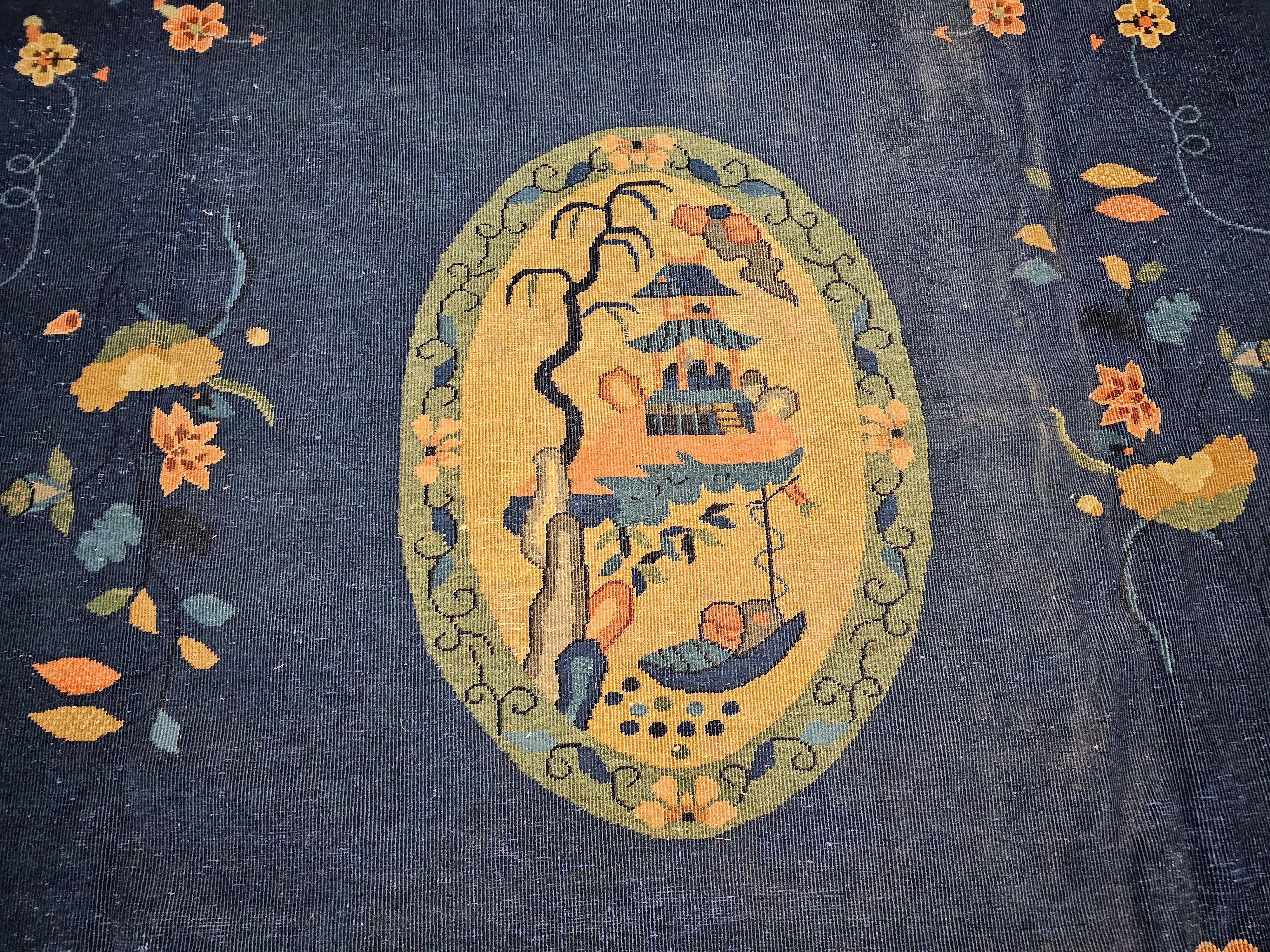 20th Century Vintage Oversized Chinese Art Deco with Pagoda, Birds Design in French Blue, Tan For Sale