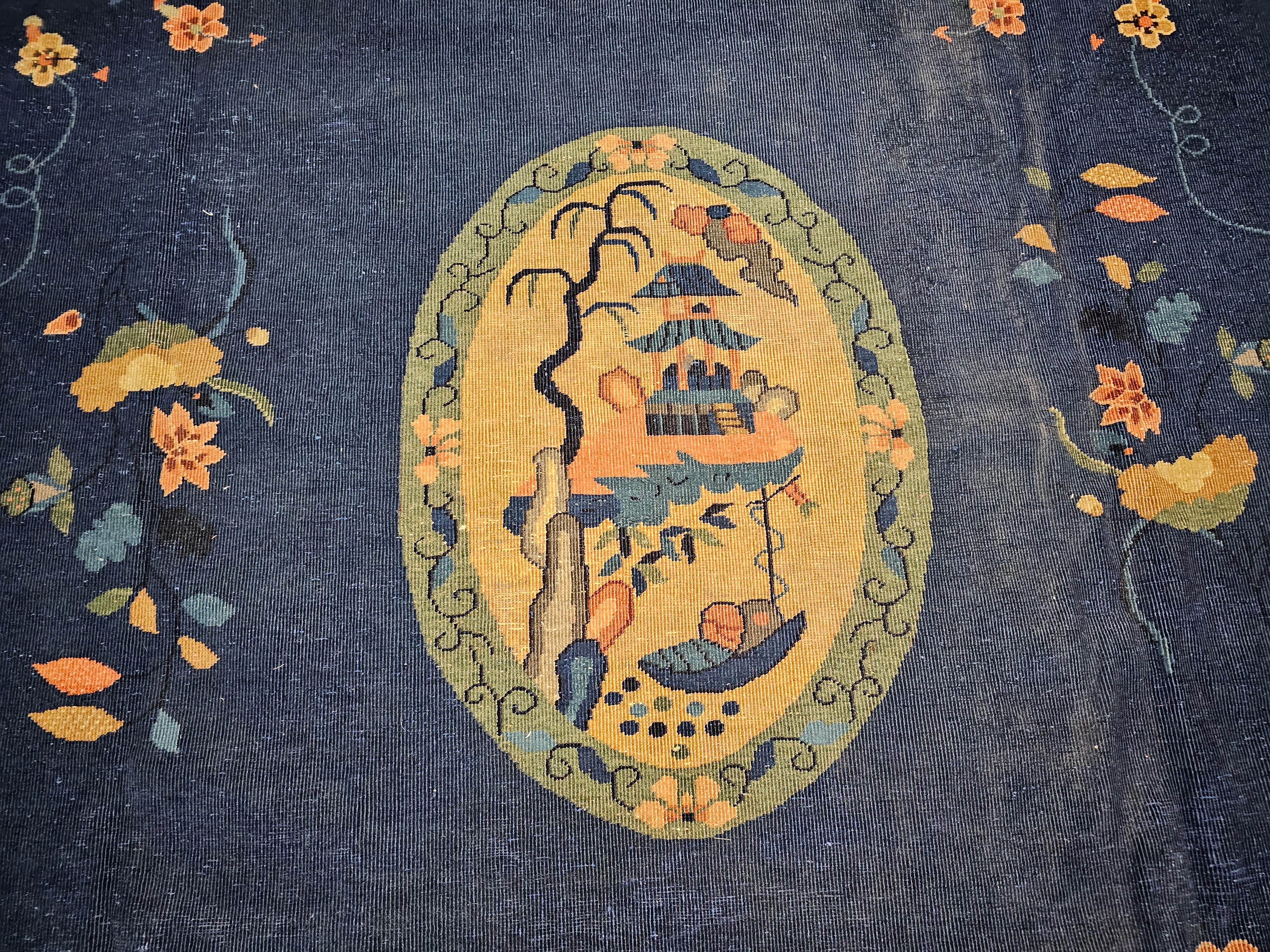 20th Century Oversized Art Deco Chinese Rug in French Blue & Tan with Pagoda and River Scenes For Sale