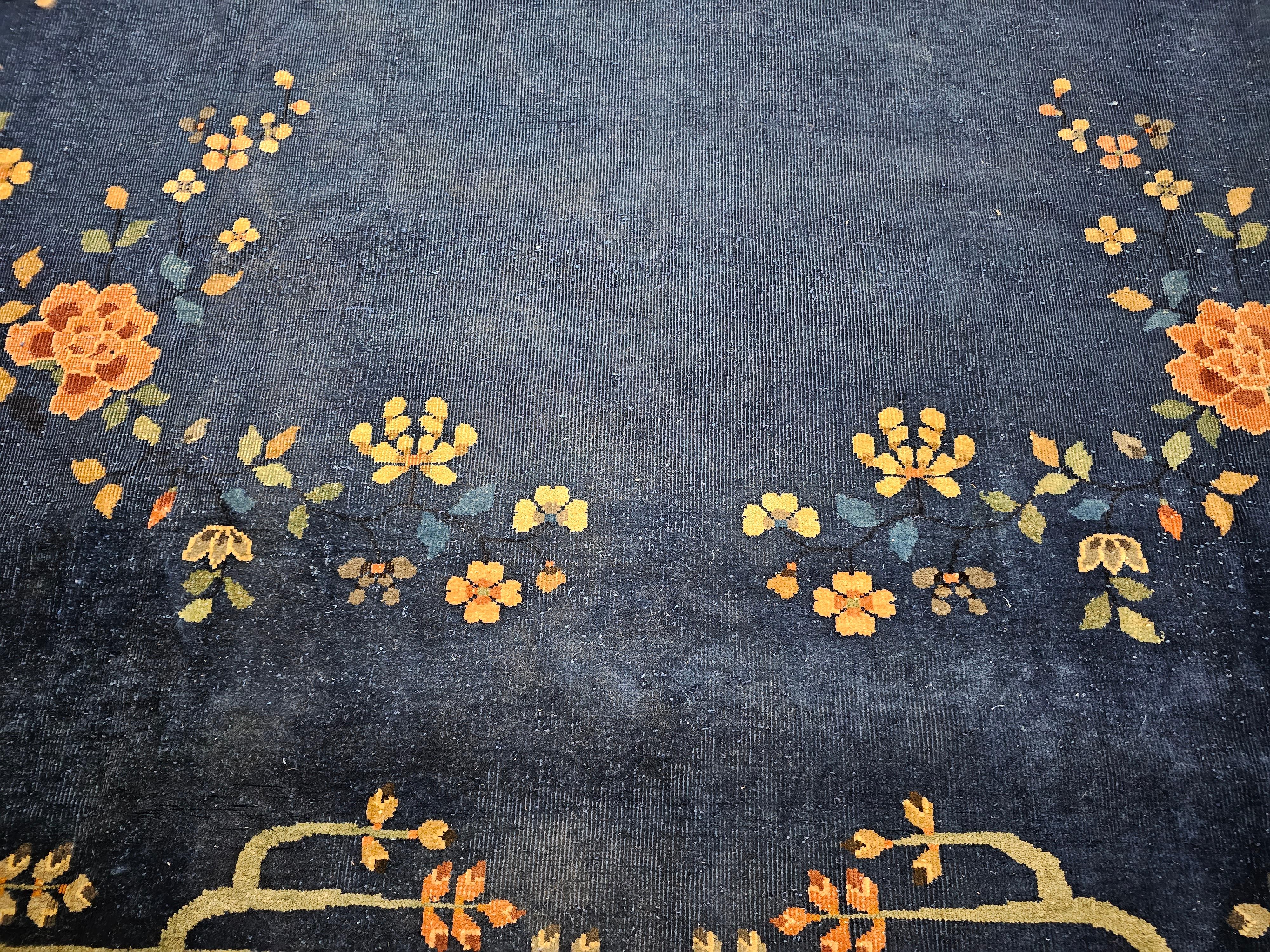 Oversized Art Deco Chinese Rug in French Blue & Tan with Pagoda and River Scenes For Sale 1
