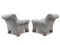 Vintage Oversized Club Chairs on Teak Ball Feet Newly Reupholstered - Pair