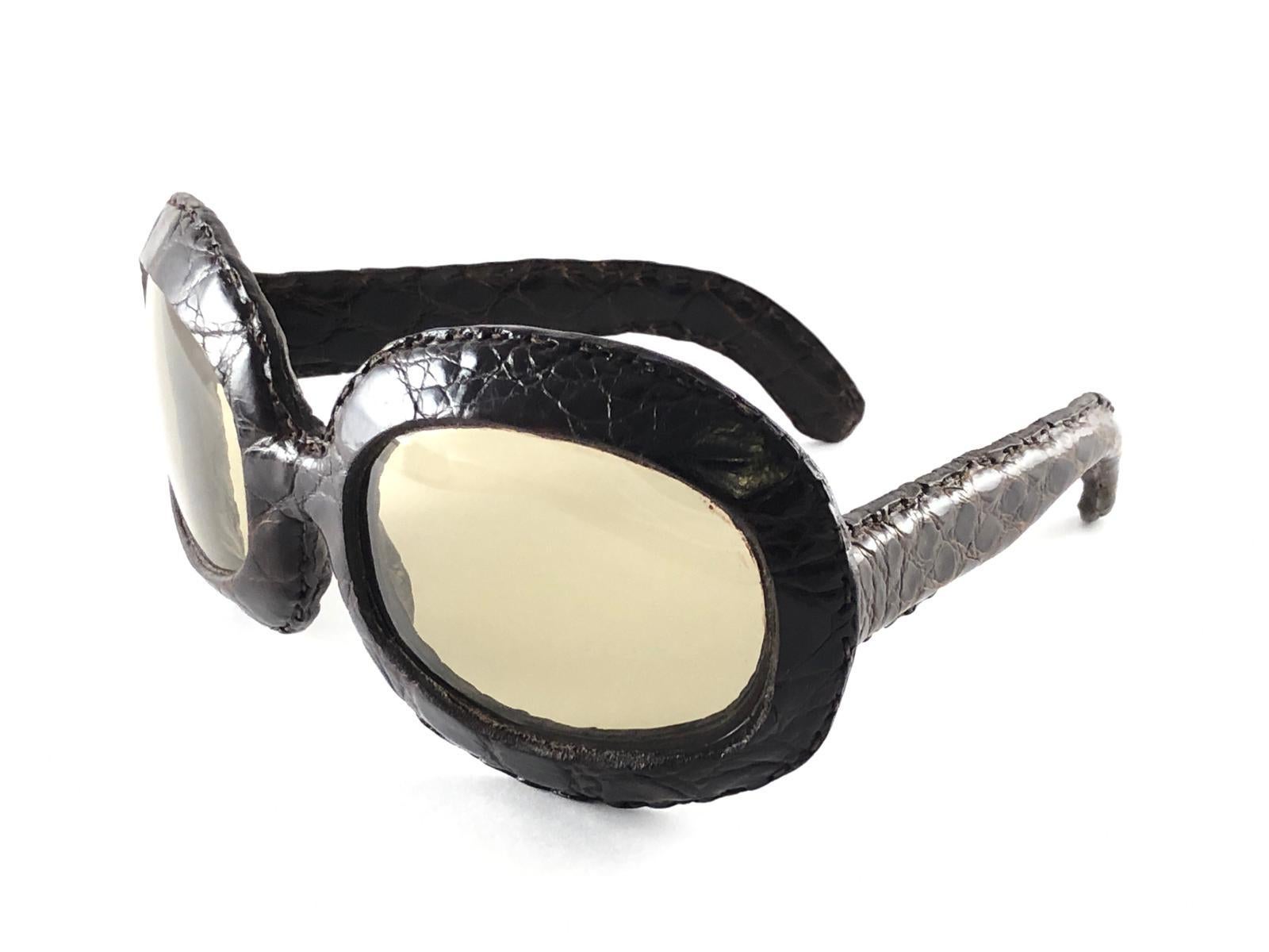 Black Vintage Oversized Crocodile Lined Mid Century Sunglasses 1960's For Sale