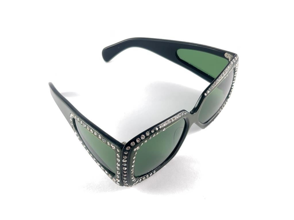 Vintage Oversized Dark Green Strass Mask Sunglasses 1980's  For Sale 1