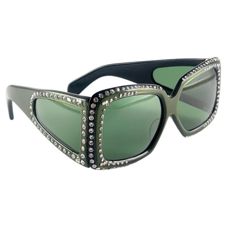 Vintage Oversized Dark Green Strass Mask Sunglasses 1980's  For Sale