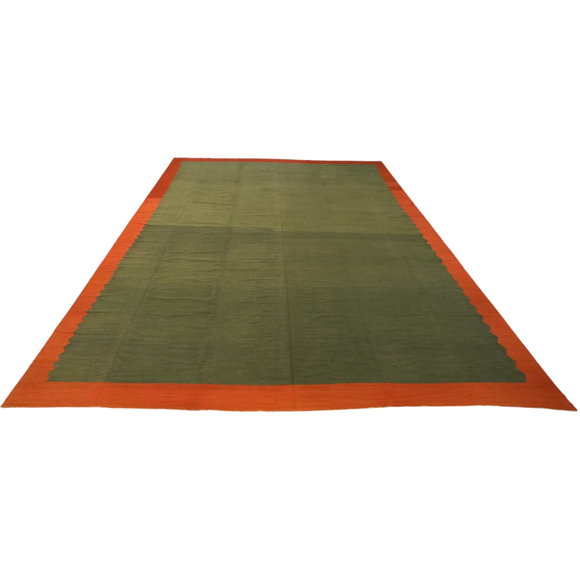 Übergroßer Vintage-Dhurrie-Teppich in Grün mit rostfarbener Bordüre im Angebot