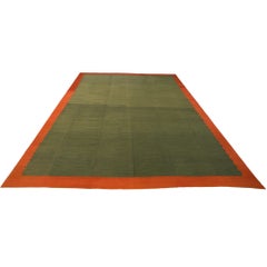 Vintage Oversized Dhurrie Rug in Green with Rust Border