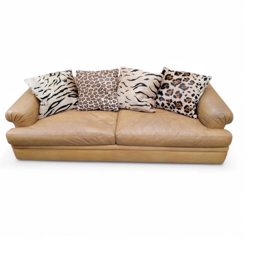 Mid-Century Modern Vintage Oversized Distressed Cognac Leather Sofas by A. Rudin & Custom Pillows For Sale