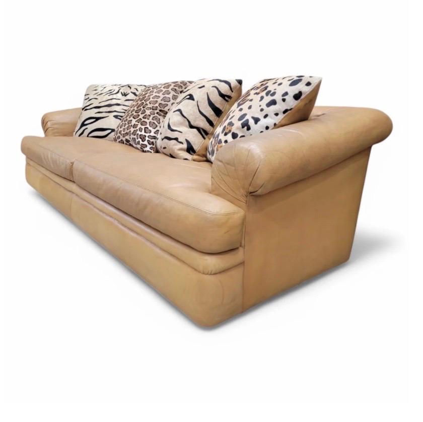 Vintage Oversized Distressed Cognac Leather Sofas by A. Rudin & Custom Pillows In Good Condition For Sale In Chicago, IL