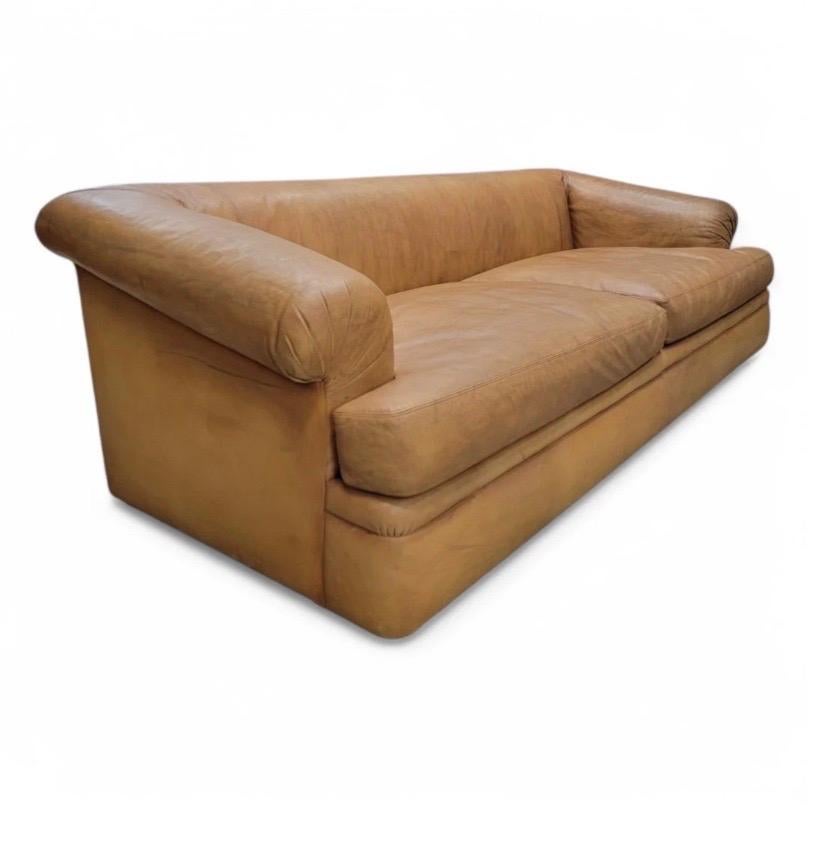 20th Century Vintage Oversized Distressed Cognac Leather Sofas by A. Rudin & Custom Pillows For Sale