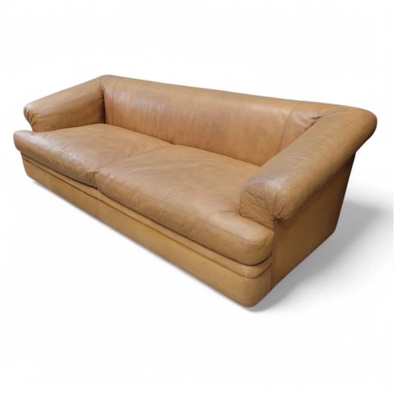 Vintage Oversized Distressed Cognac Leather Sofas by A. Rudin & Custom Pillows For Sale 1