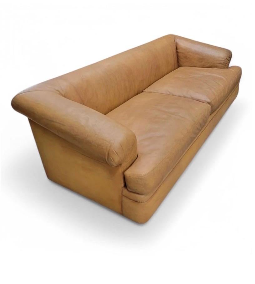 Vintage Oversized Distressed Cognac Leather Sofas by A. Rudin & Custom Pillows For Sale 3