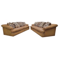 Vintage Oversized Distressed Cognac Leather Sofas by A. Rudin & Custom Pillows