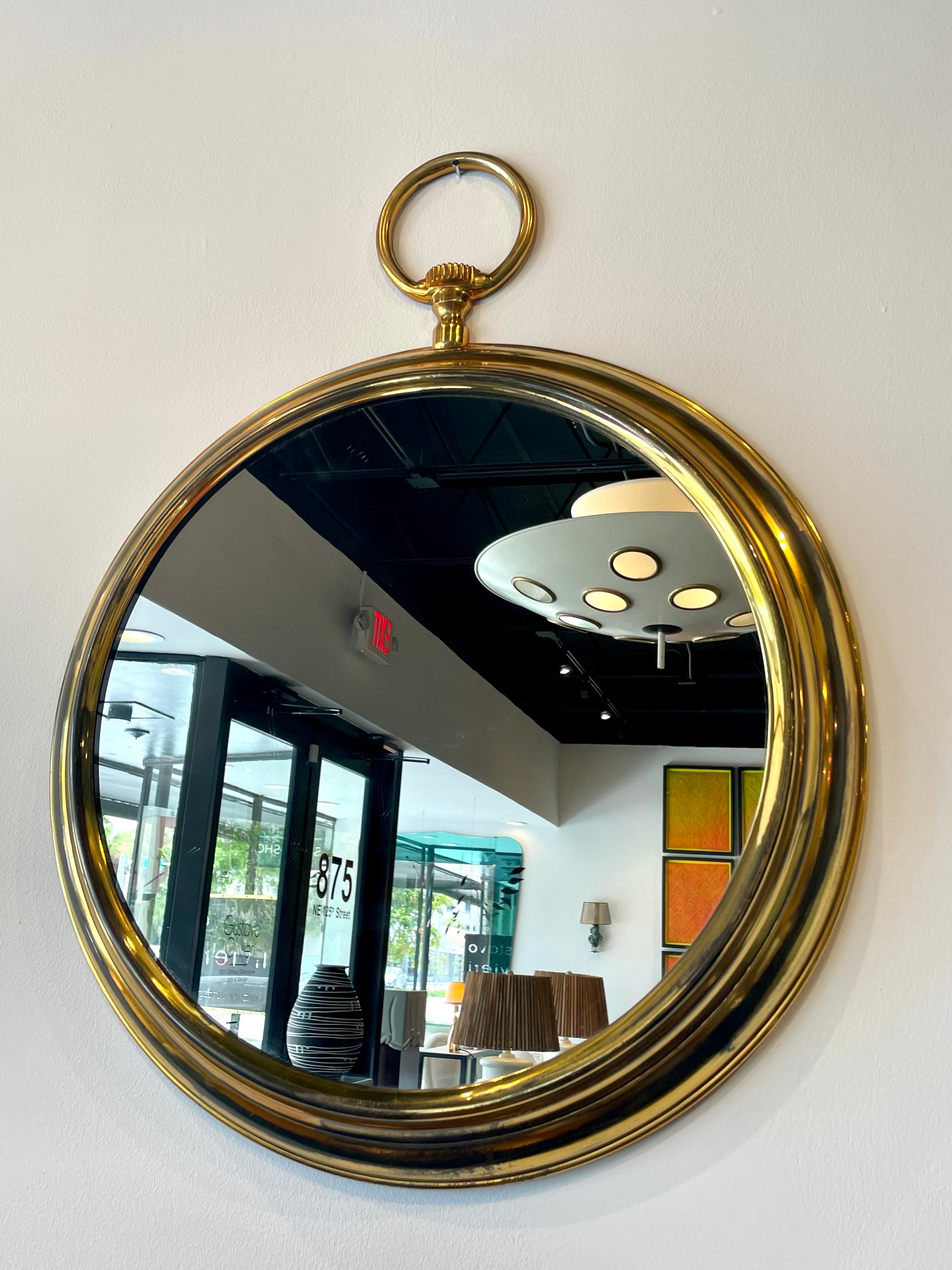 Vintage Oversized European Brass Pocket Watch Style Wall Mirror In Good Condition In East Hampton, NY