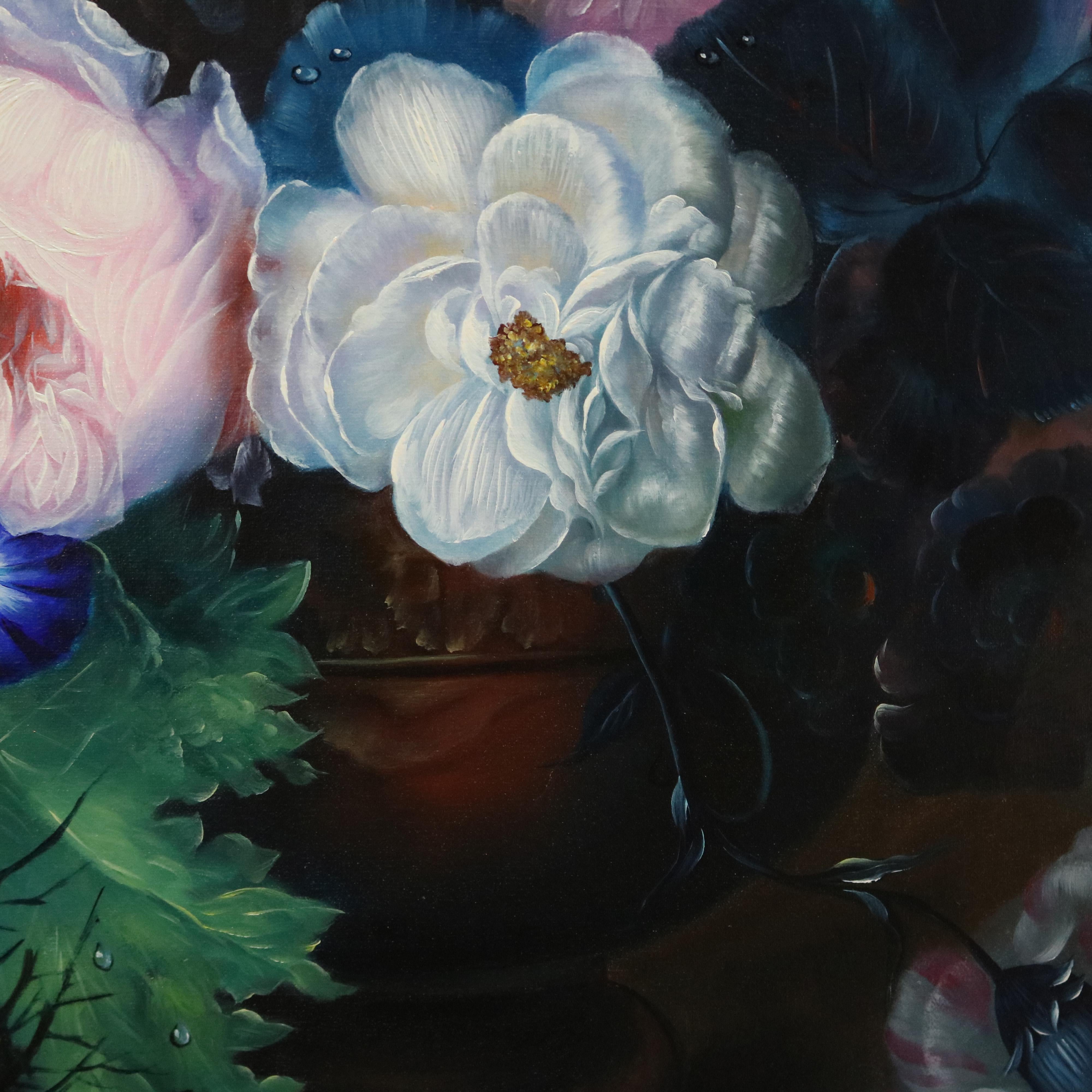 An oversized vintage still life oil on canvas painting depicts bouquet of garden roses in tabletop vase, lower right artist-signed Domberg, seated in gold giltwood finish frame, 20th century

Measures: 54