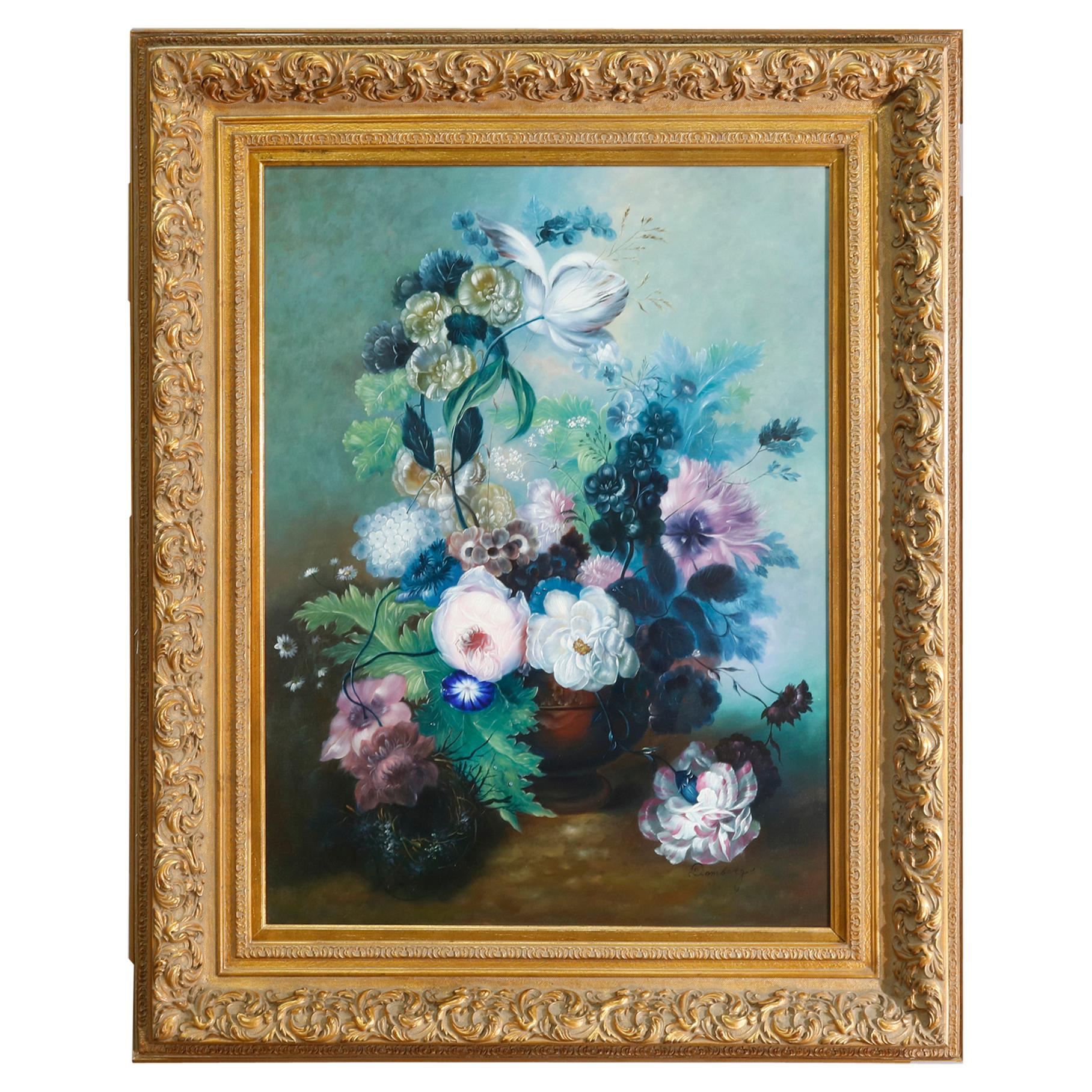 Vintage Oversized Floral Still Life Oil on Canvas Painting of Roses 20th Century