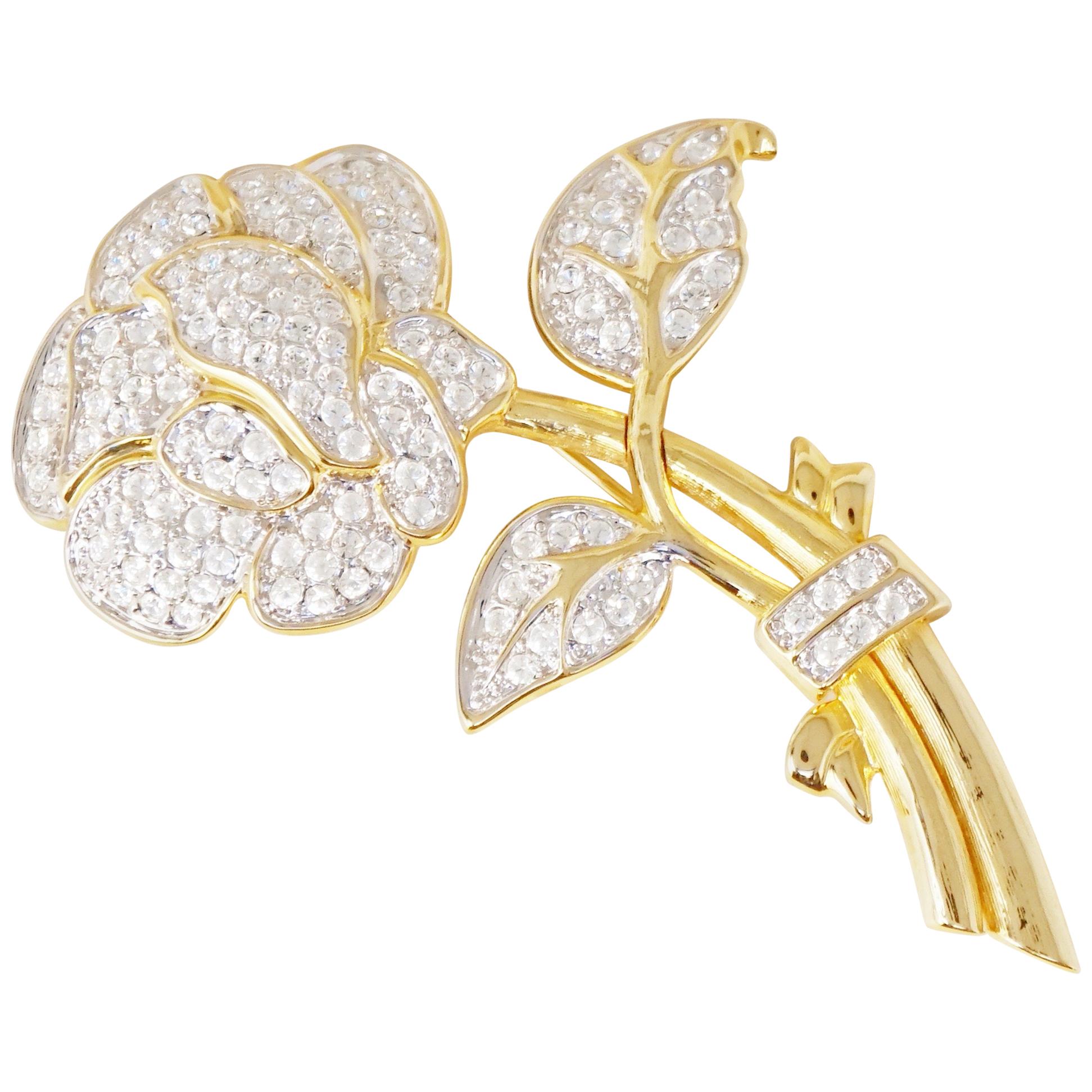 Vintage Oversized Gilded Crystal Pavé Rose Brooch by Nolan Miller, 1990s