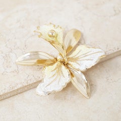 Vintage Oversized Gilded Orchid Flower Figural Brooch, 1950s
