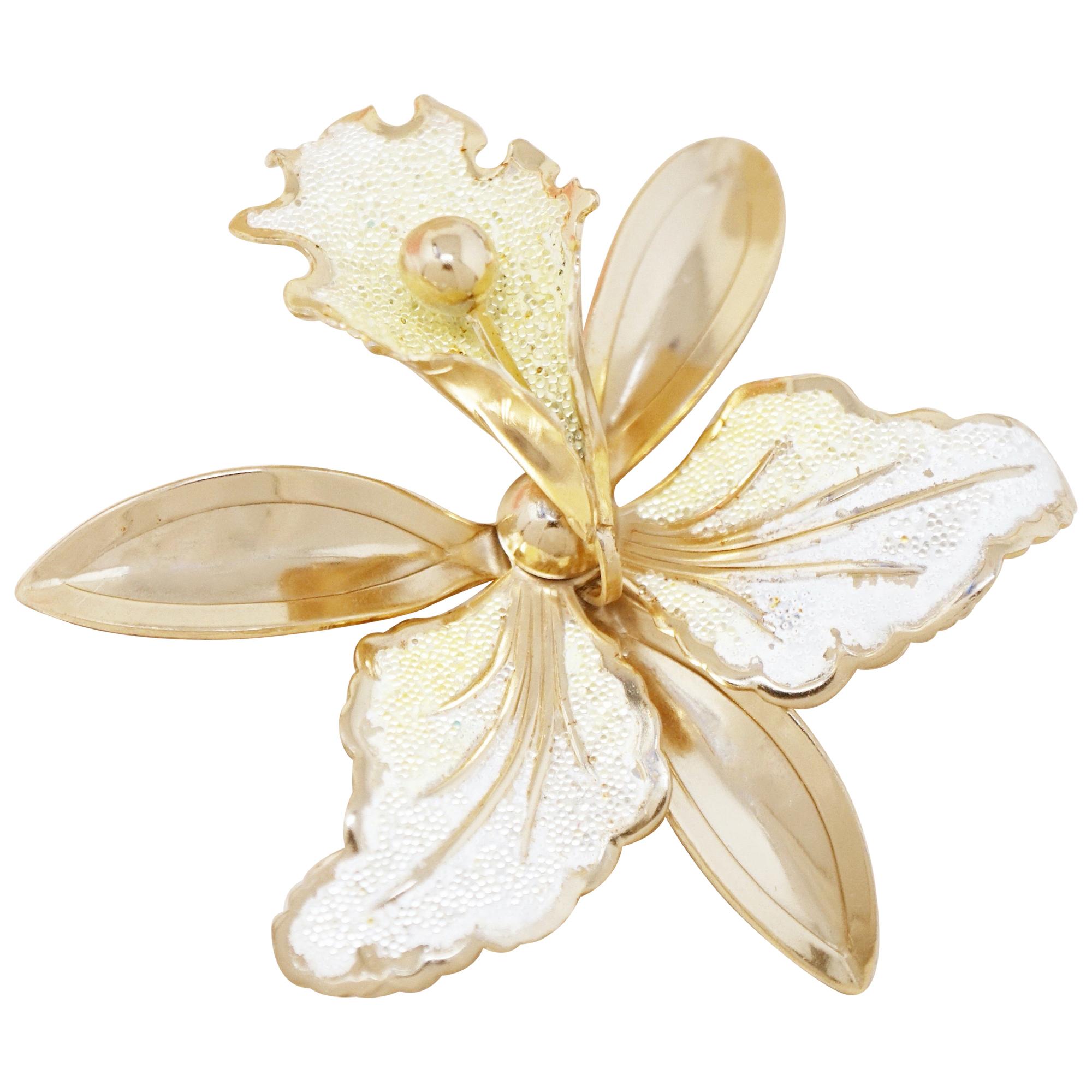 Vintage Oversized Gilded Orchid Flower Figural Brooch, 1950s